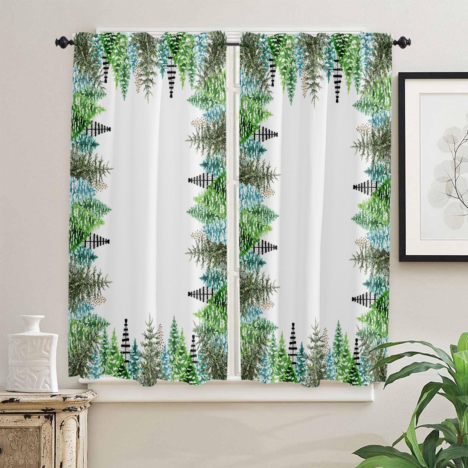 Pinroote Pinroote Window Curtains 63 Inch Length - 2 Panels, Green Ombre Christmas Tree Rod Pocket Curtain Panels, Winter Snowflake Xmas Tree Window Treatment for Bedroom/Kitchen/Bathroom, 84W x 63L Inch