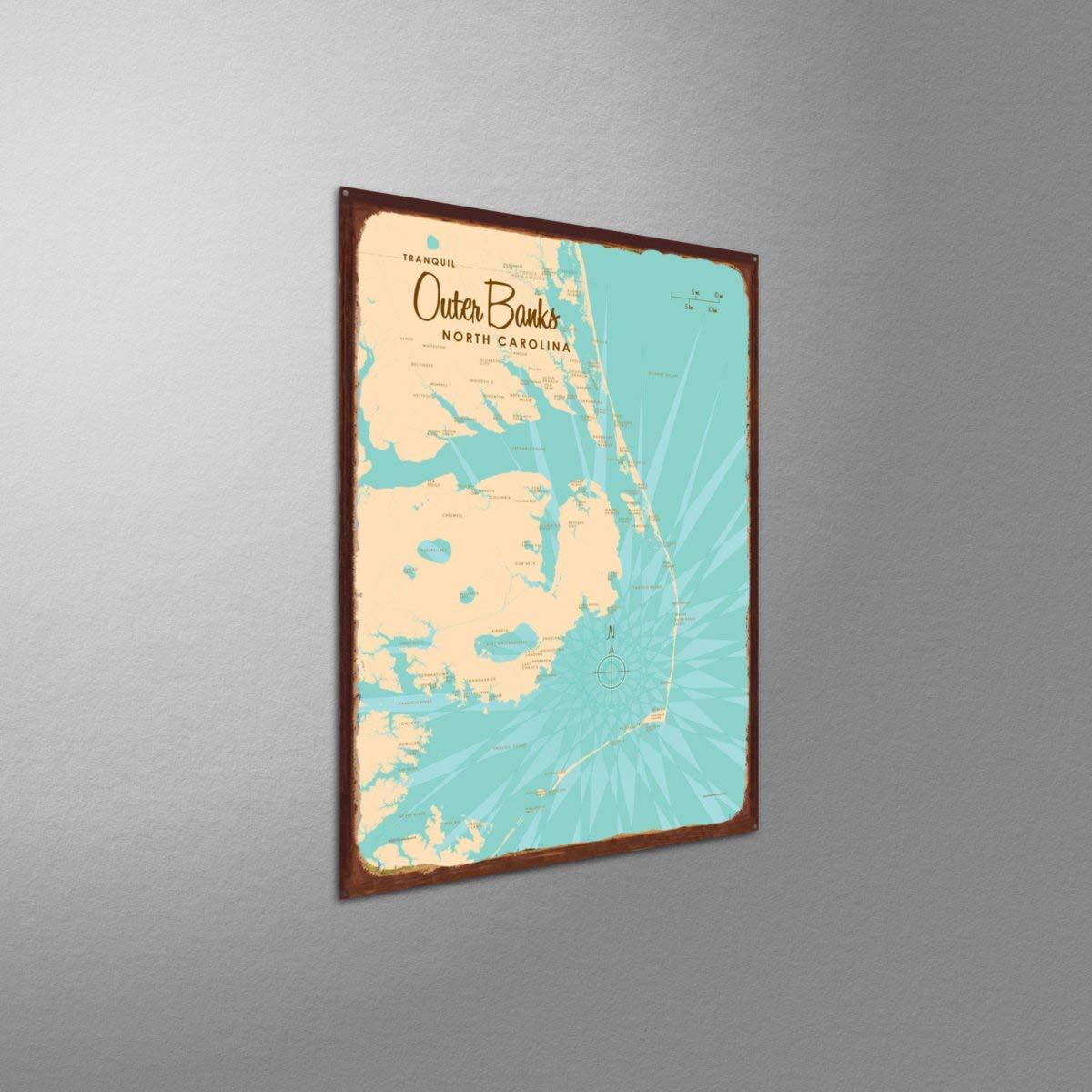 Art of Place Outer Banks North Carolina Map Rustic Metal Art Print from Illustration by Lakebound 17" x 23"