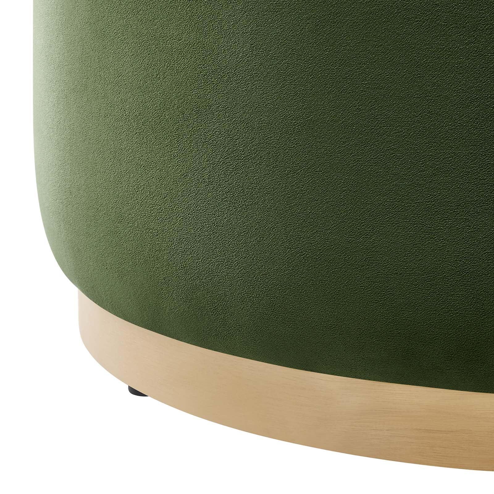 Modway Modway Tilden 29 Inch Round Performance Velvet Upholstered Ottoman in Moss Green Natural - Round Ottoman Coffee Table for Living Room - Large Ottoman Foot Rest with Rubberwood Plinth Base