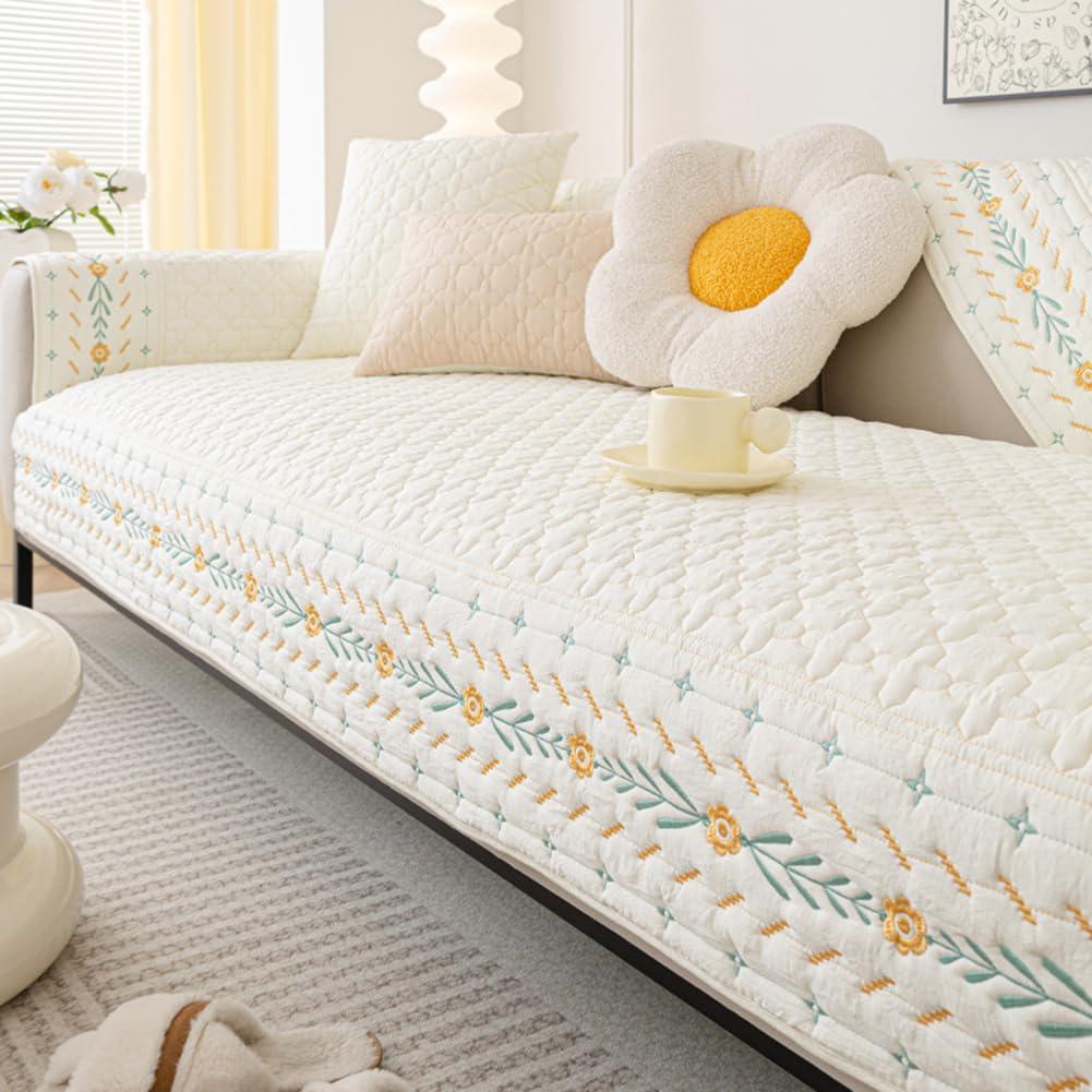 vctops vctops Cotton Quilted Sofa Cover Farmhouse Floral Embroidered Sectional Couch Cover Non Slip Sofa Slipcovers Furniture Protector for Kids Dog Pet Loveseat Recliner Cover (Beige,35\"x47\")