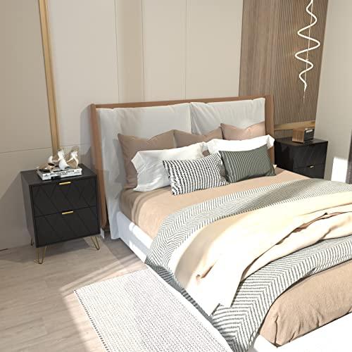 Anbuy Anbuy Black Nightstand Set of 2 with Gold Handle, Bedside Table with 2 Drawers, Night Stands Set of 2 Gold Legs for Bedroom Living Room