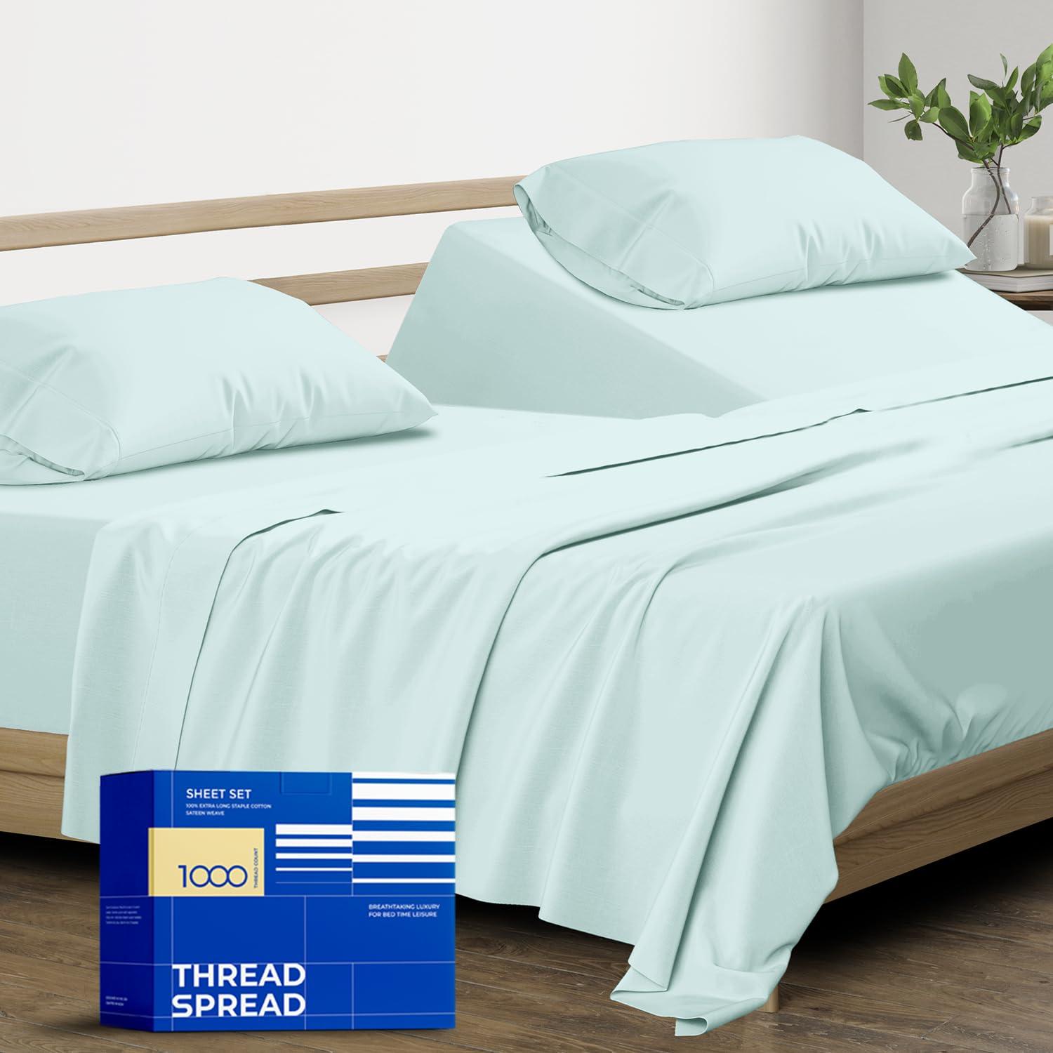 THREAD SPREAD THREAD SPREAD 100% Pure Egyptian Cotton Split King Sheets Sets for Adjustable Bed - 1000 Thread Count 5 PC Top Split King Sheet for Sleep Number Bed, Cooling Sheets, Fits Mattress Upto 18\" - Sea Foam