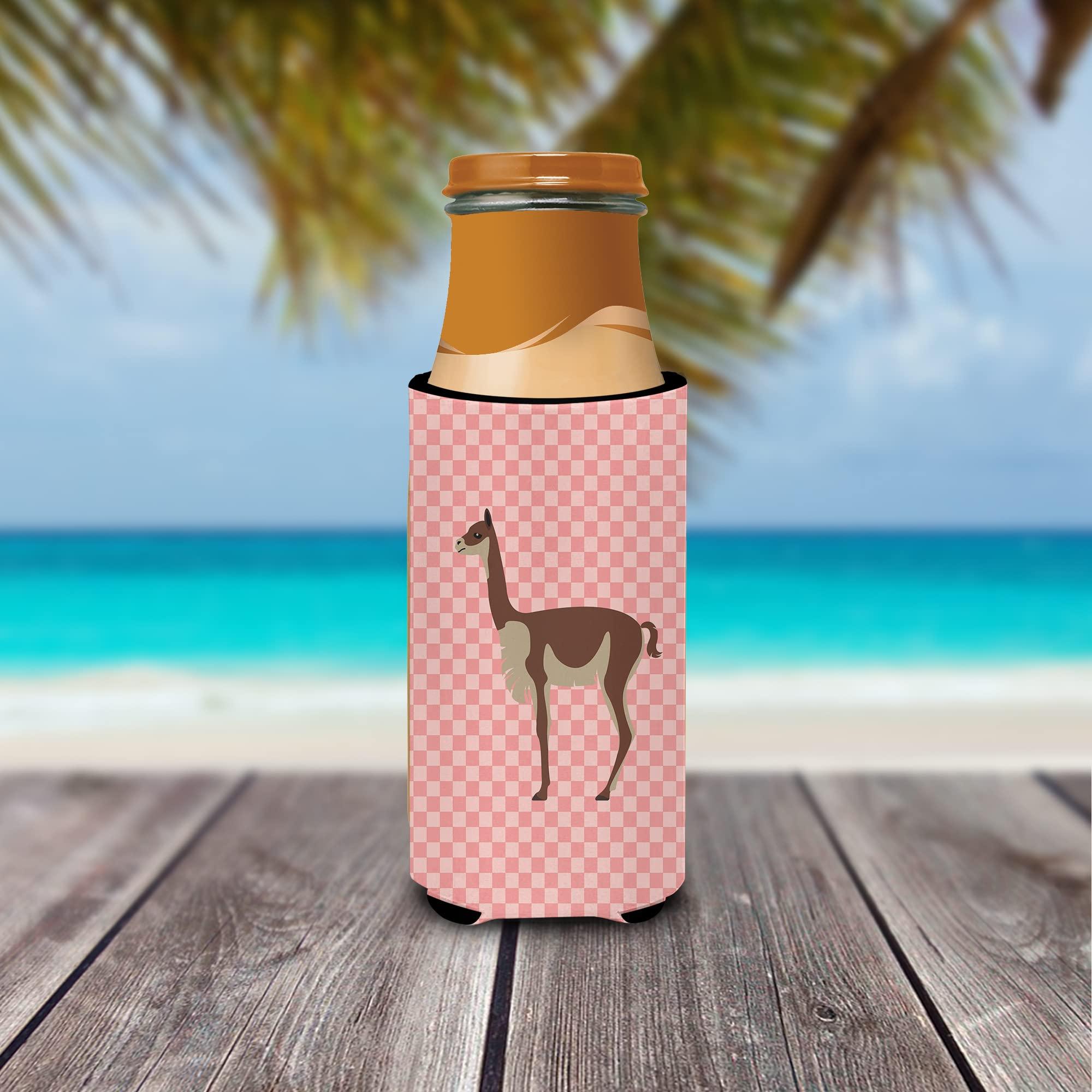 Caroline's Treasures Caroline's Treasures BB7917MUK Vicugna or Vicuna Pink Check Ultra Hugger for Slim cans Can Cooler Sleeve Hugger Machine Washable Drink Sleeve Hugger Collapsible Insulator Beverage Insulated Holder