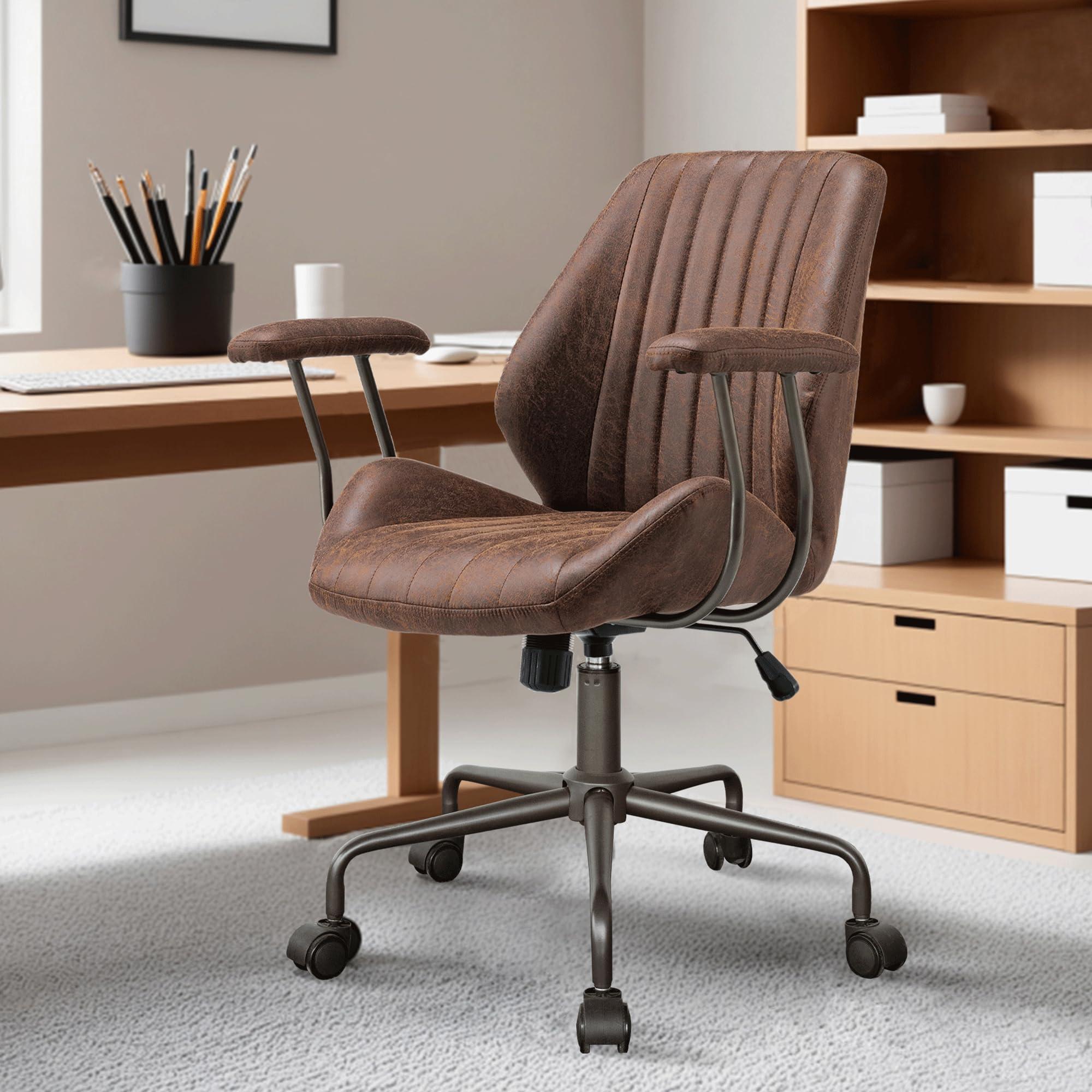 ovios ovios Home Office Chair with Rolling Swivel Wheels, Mid Back Faux Suede Leather Chair with Armrests, Mid-Century Modern Desk Computer Chair for Executive Office, Dark Brown