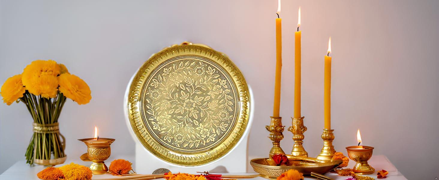KASHVIYA KASHVIYA 10 Inch Pure Brass Pooja Thali Set Pital Puja Plate Arti Thali Traditional Handcrafted for Pooja Home Office Mandir Gift Items Gold