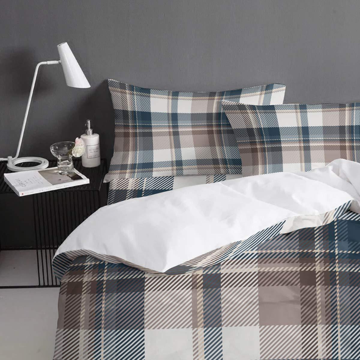 Debedcor Queen Comforter Covers Sets Simple Blue Brown Checkered 4 Piece Duvet Cover Set Lightweight Microfiber Soft Bedding Set for Adult Teen, Simple Line Intersect