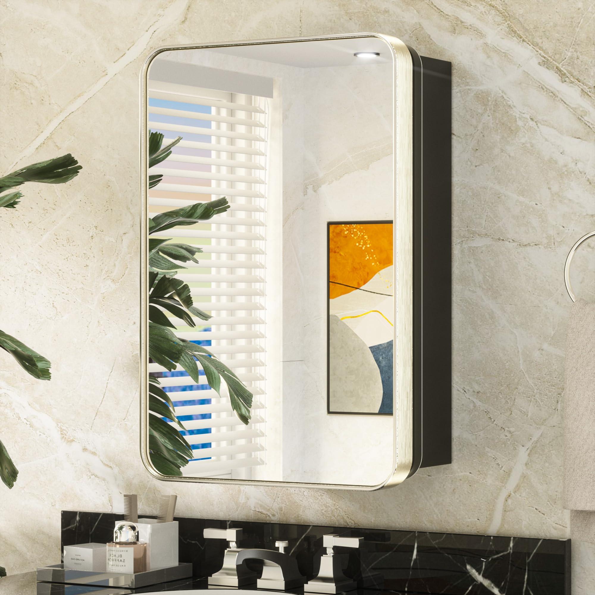 Keonjinn Keonjinn 16 x 24 Inch Brushed Nickel Medicine Cabinets for Bathroom with Mirror Stainless Steel Framed Rounded Rectangle Adjustable Shelves Modern Recessed Silver Medicine Cabinet for Bathroom Storage