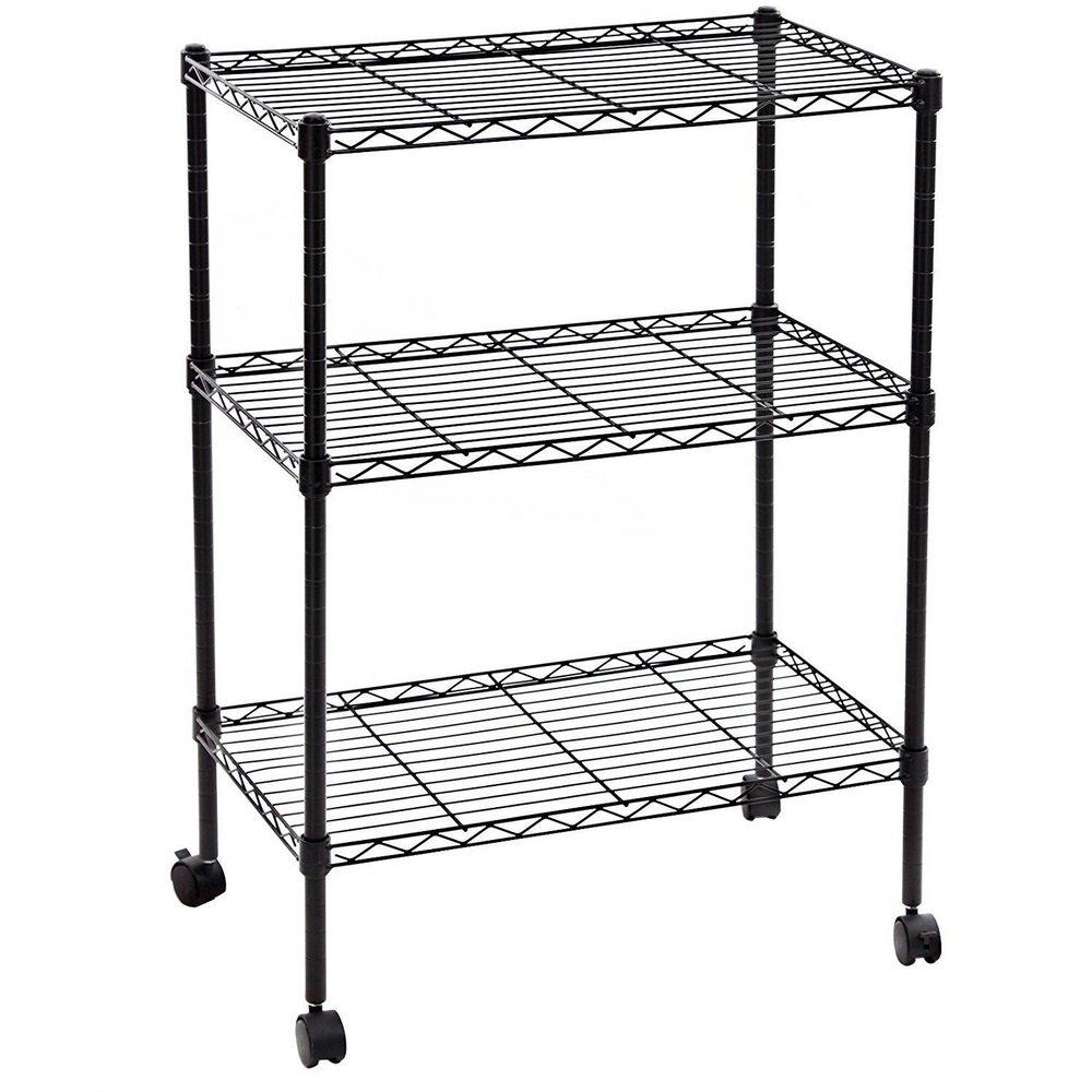 Hikarinowa 2 Tier Wire Rolling Storage Rack,Heavy Duty Adjustable Metal Wire Storage Shelving Units,Metal Kitchen Rolling Storage Cart,Wire Rolling Utility Cart,with Wheels,for Home,Office (Black-B, 60x35x85cm)