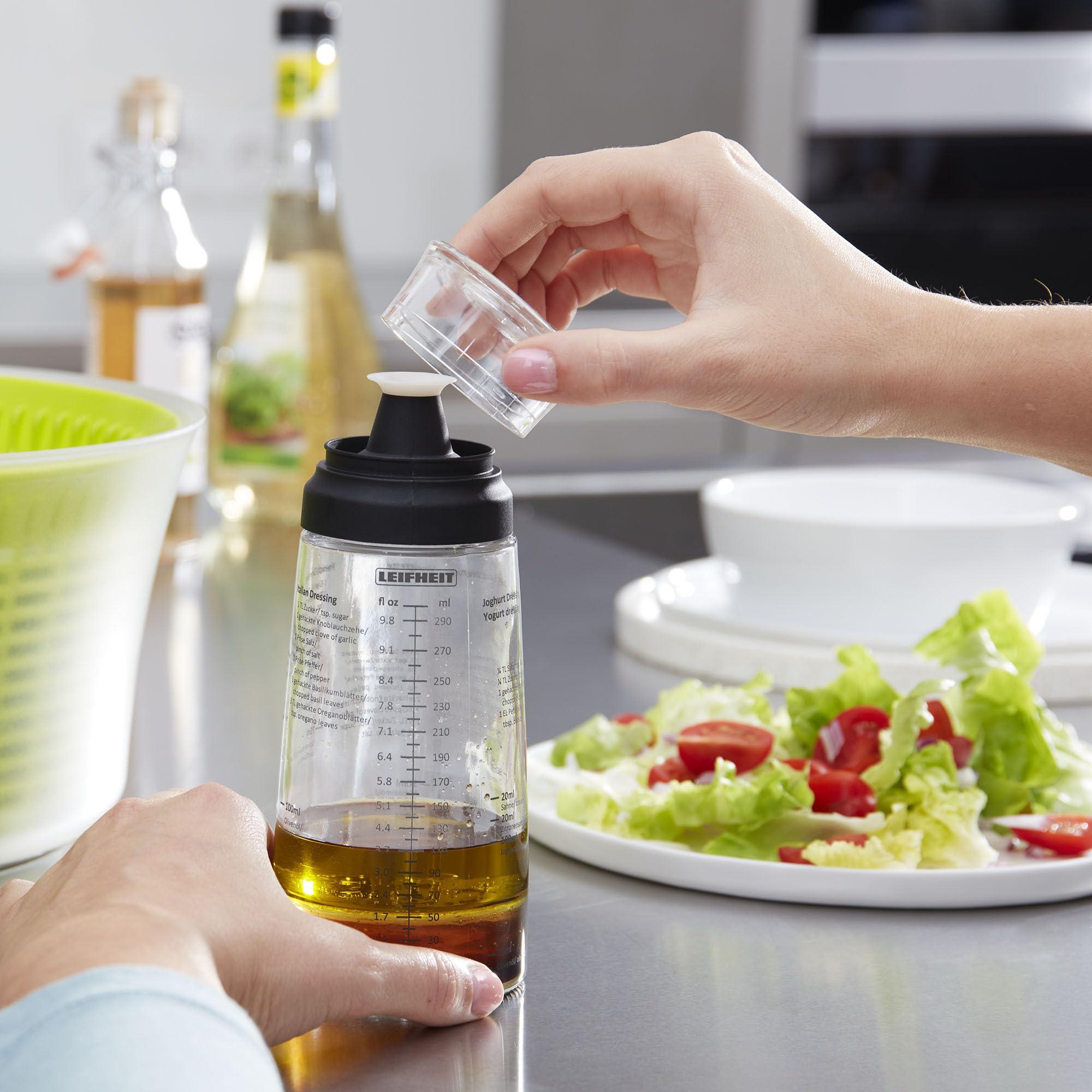 Leifheit Leifheit Glass Salad Dressing Bottle, 10 oz, Durable Glass Bottle with Plastic Lid, Non-Drip Spout, Dishwasher Safe, German Design, Elegant, Eco-Friendly, Black