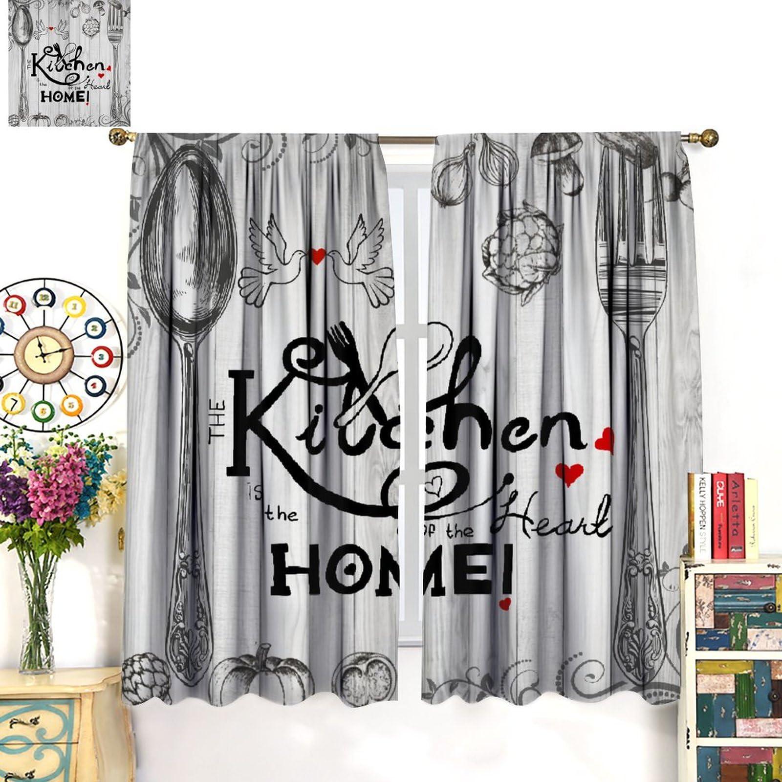 JanJCurt Chef Kitchen Curtains, Retro Cartoon Fat Chef Black Check Plaid Buffalo Rod Pocket Blackout Window Treatments for Cafe Bedroom Kitchen 52x84in