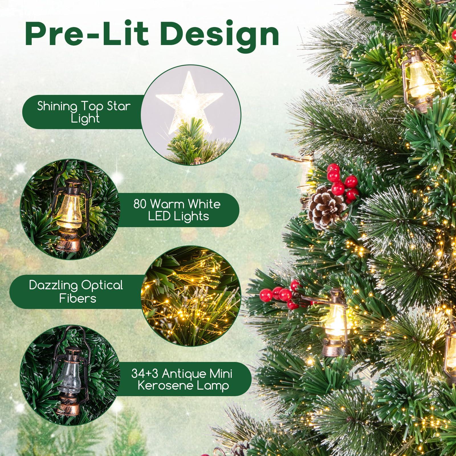 Goplus Goplus 7ft Pre-Lit Fiber Optic Christmas Tree, Artificial Snowy Xmas Tree with 80 Warm White LED Lights, 8 Modes, 270 PVC Leaves & Pine Needles, Pine Cones, Red Berries, Office Home Decoration