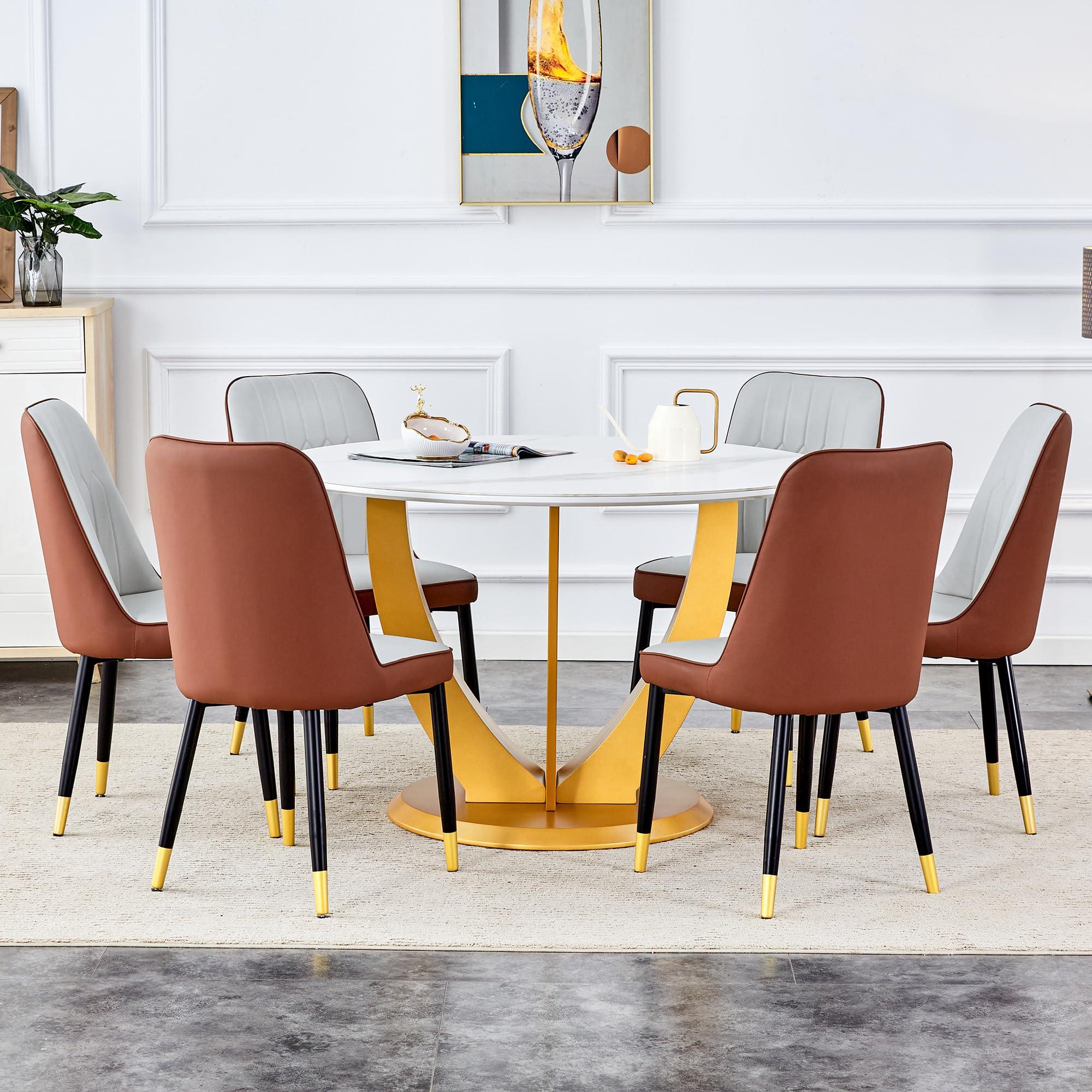 gopop gopop 48''Round Dining Table Set for 6, Gold Dining Table Set with Marble Pattern, 6 Dining Chairs Set with PU Seat, Round Kichen Table Set for Kichen Room, Living Room.