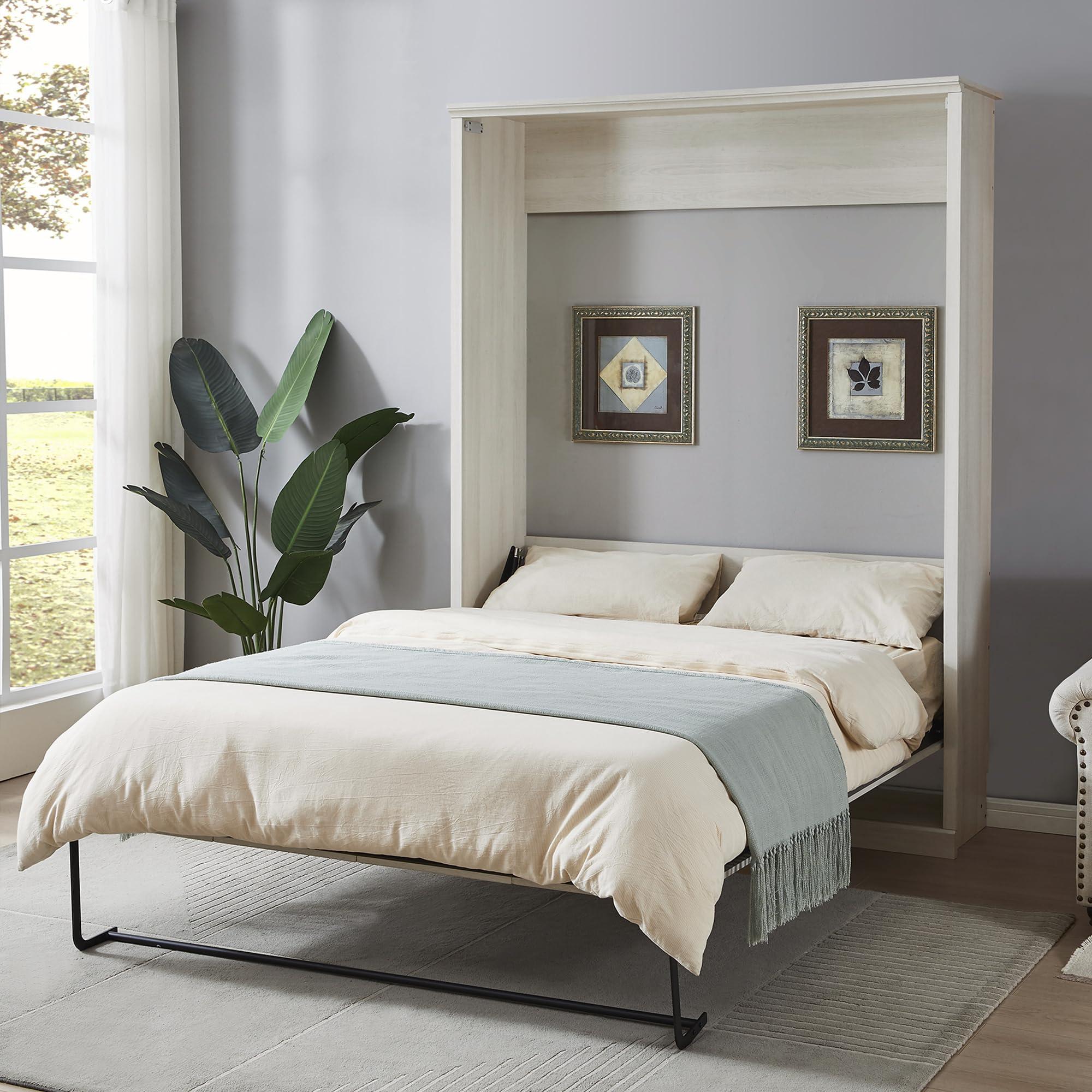 Harper & Bright Designs Harper & Bright Designs Queen Size Murphy Bed, Wood Queen Wall Bed Cabinet Bed, Rustic White