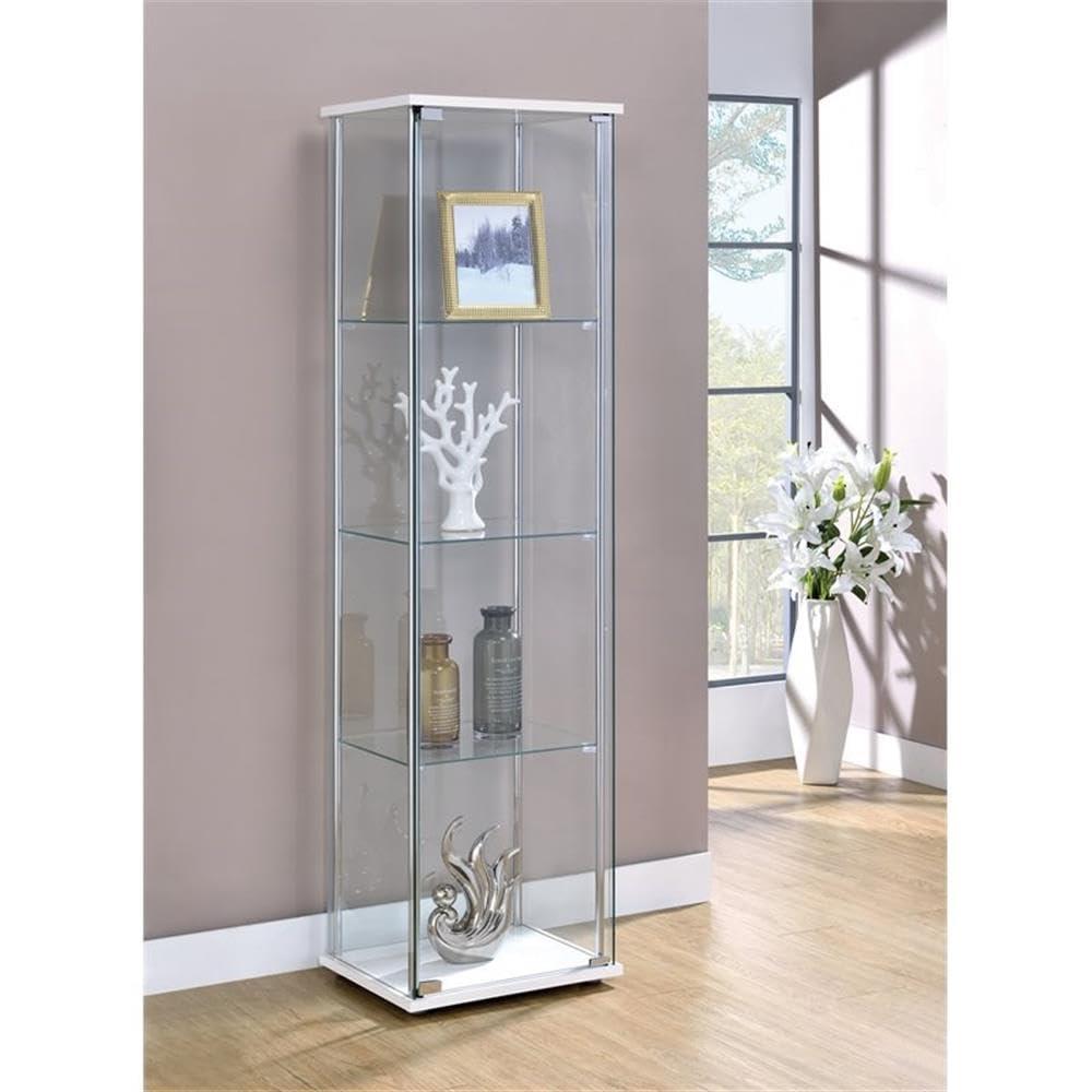 BOWERY HILL BOWERY HILL 4 Shelf Glass Display Case Cabinet with Chrome Support Beams and White Top/Base