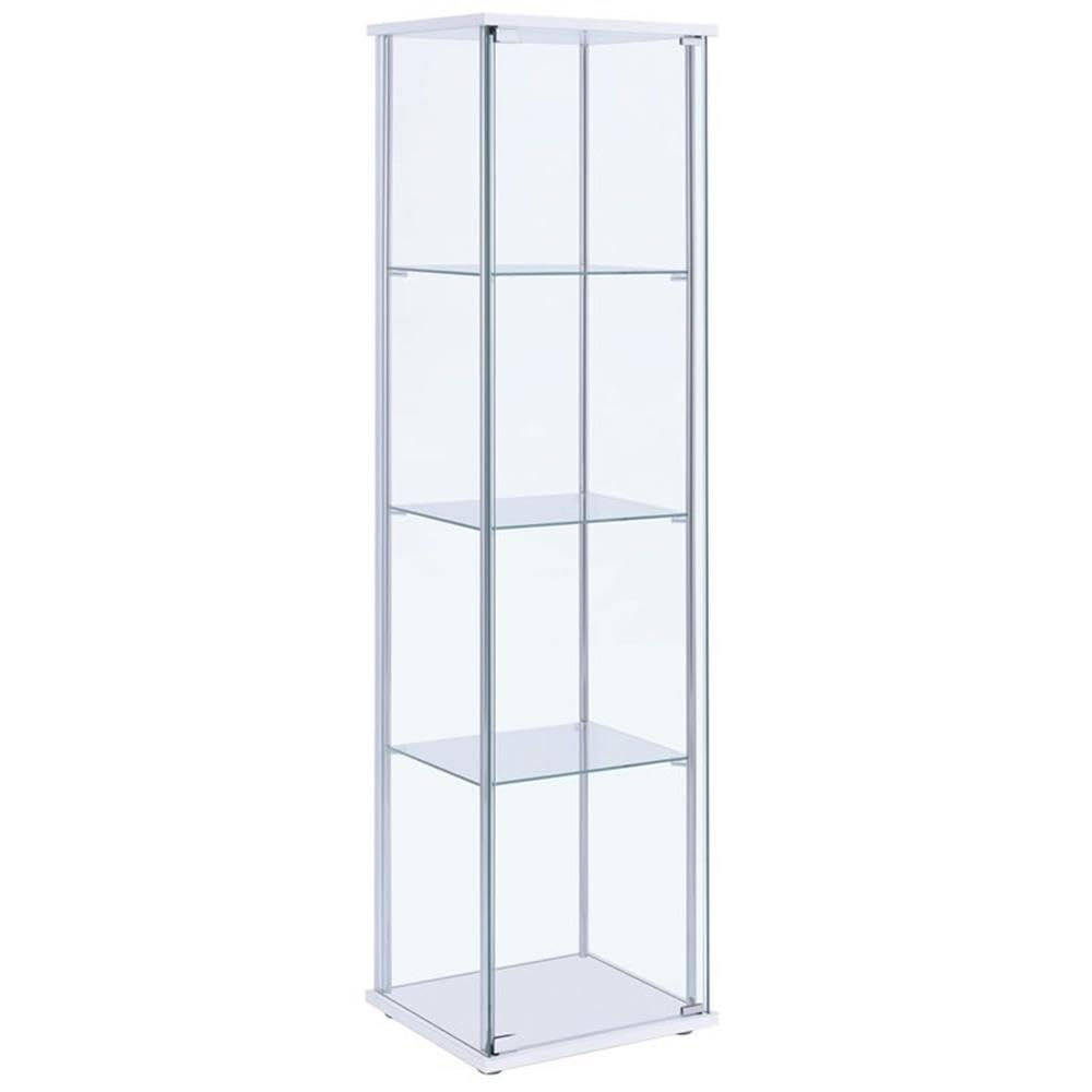 BOWERY HILL BOWERY HILL 4 Shelf Glass Display Case Cabinet with Chrome Support Beams and White Top/Base