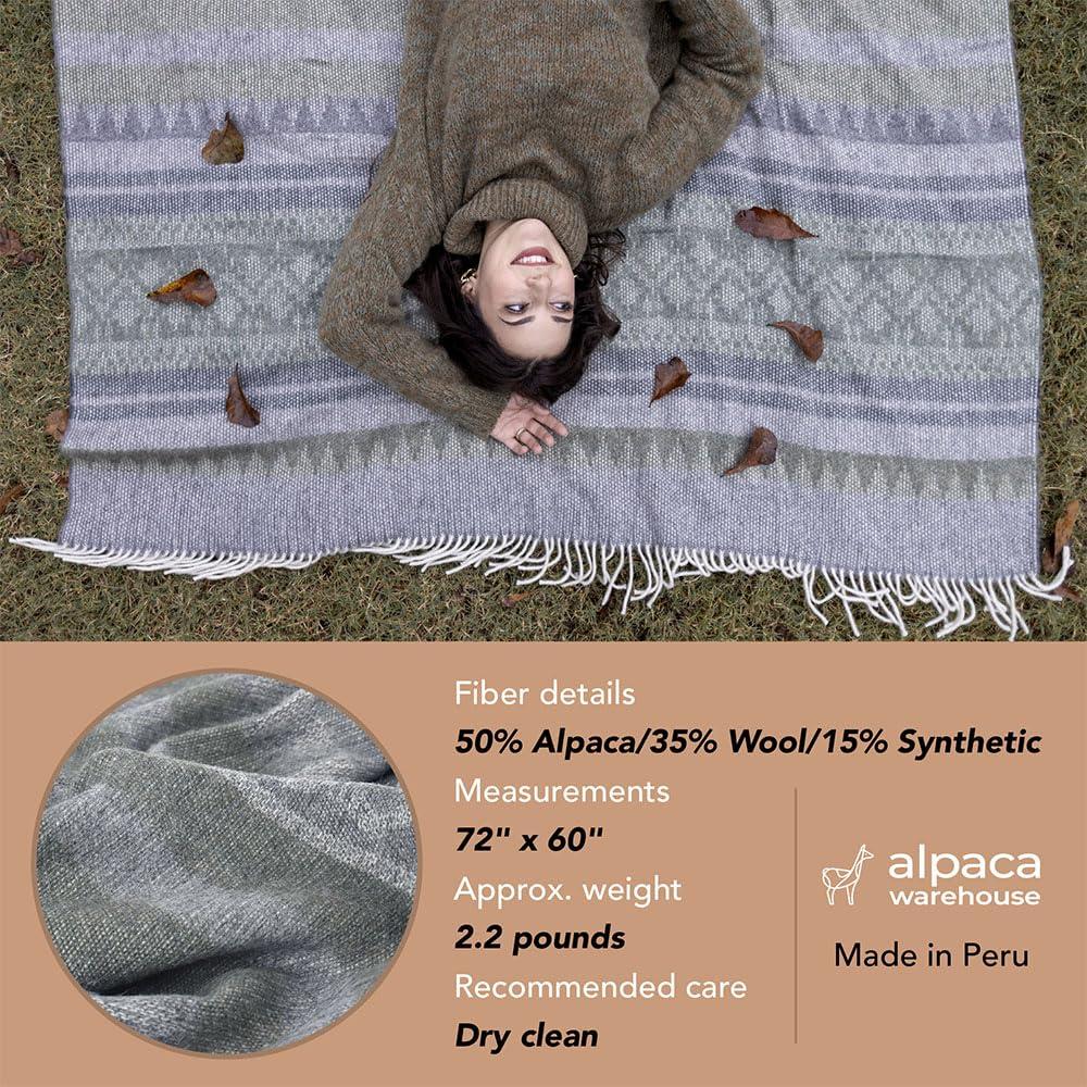 Alpaca Warehouse Alpaca Wool Blanket Throw Cherokee Design for Bed Couch Sofa Soft Warm Peruvian Alpaca Wool Blankets 72\" x 60\" (Combination 24 (Ivory/Gray/Blue))