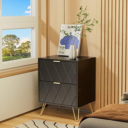 Anbuy Anbuy Black Nightstand Set of 2 with Gold Handle, Bedside Table with 2 Drawers, Night Stands Set of 2 Gold Legs for Bedroom Living Room