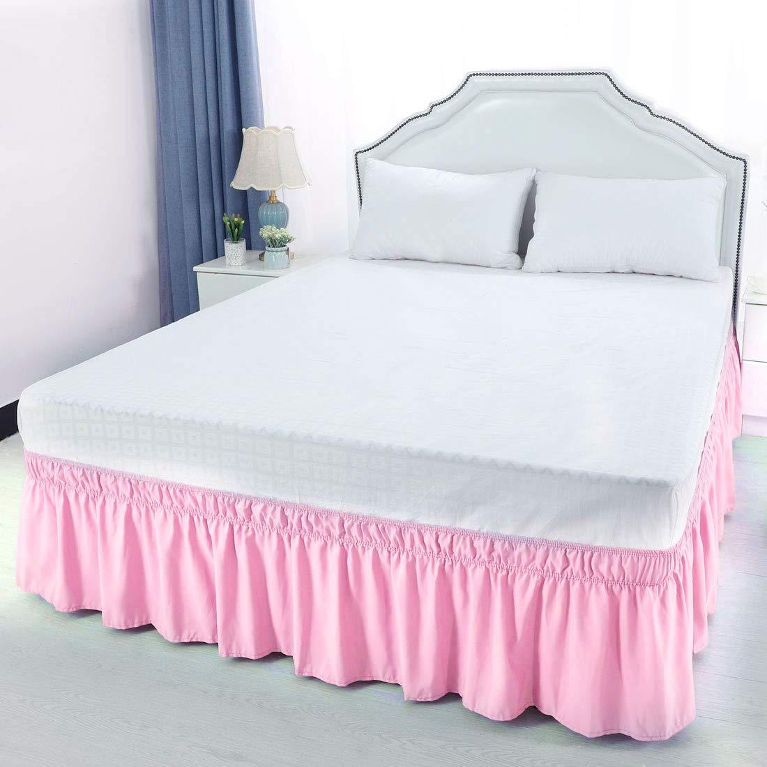 Versatile Bedding Bed Skirt - Wrap Around Bed Skirts Elastic Dust Ruffles, Easy Fit Wrinkle and Fade Resistant Luxurious Fabric Solid Color, Pink Queen XL Size Beds 15 Inch Drop