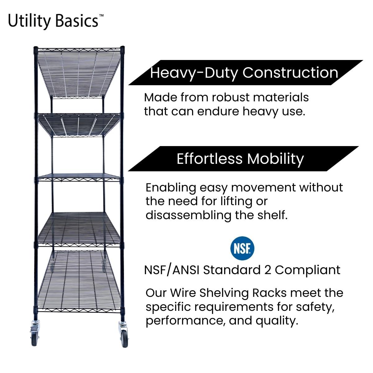 Utility Basics Utility Basics 60"x24"x72" Black 5-Tier Premium Metal Wire Shelving NSF 4000 LBS MAX Capacity Heavy Duty Steel Storage Rack for Warehouse, Garage, Hospital, Commercial Space & School w/Premium Wheels