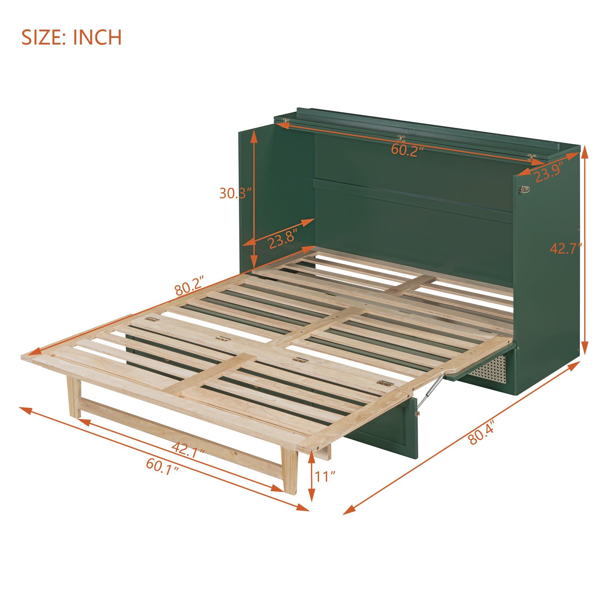 Tdewlye Tdewlye Stylish Versatility Queen Size Murphy Bed, Murphy Cabinet Bed with Large Drawer, Can Be Foldable, Space Saving, Wooden Low Bedframe for Bedroom, Apartment (Green-rr)
