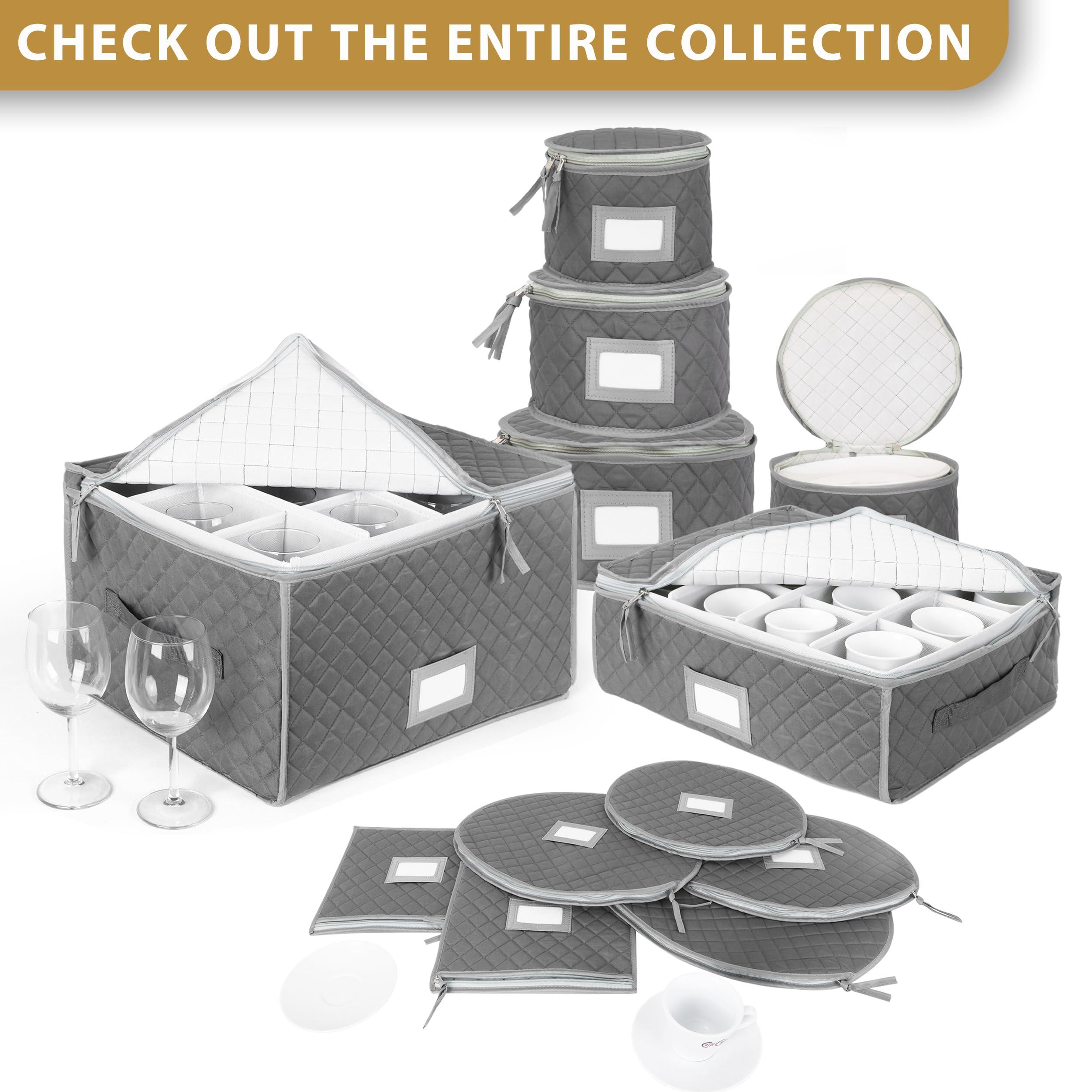 Stack Store Plus More Fine China Storage - Set of 4 Quilted Cases for Dinnerware Storage. Sizes: 12" - 10" - 8" and 7" Wide - Gray - 48 Felt Plate Separators Included