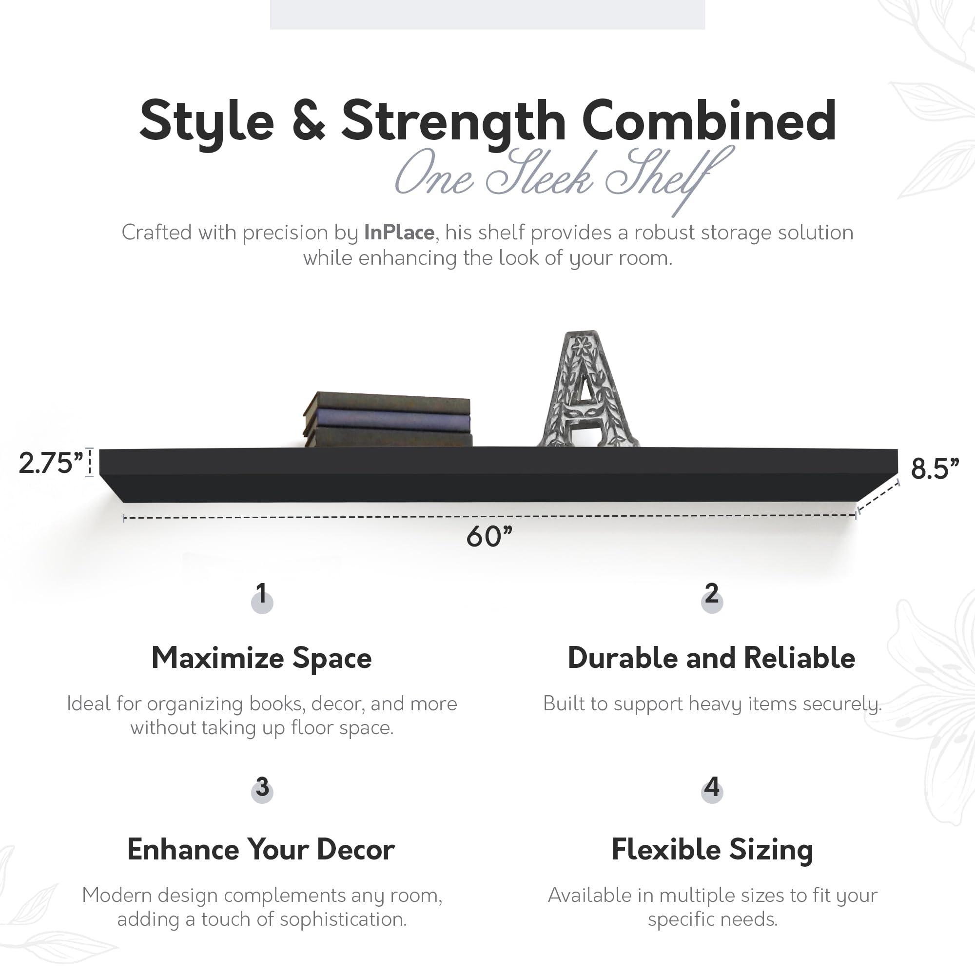 in Place InPlace Invisible Brackets Shelf with Edge - MDF Floating Shelves for Wall with EZ Anchors Included - Easy to Install Shelf for Office, Bathroom & Living Room - 8.5\"D x 60\"W x 2.75\"H, Black, 9603017E