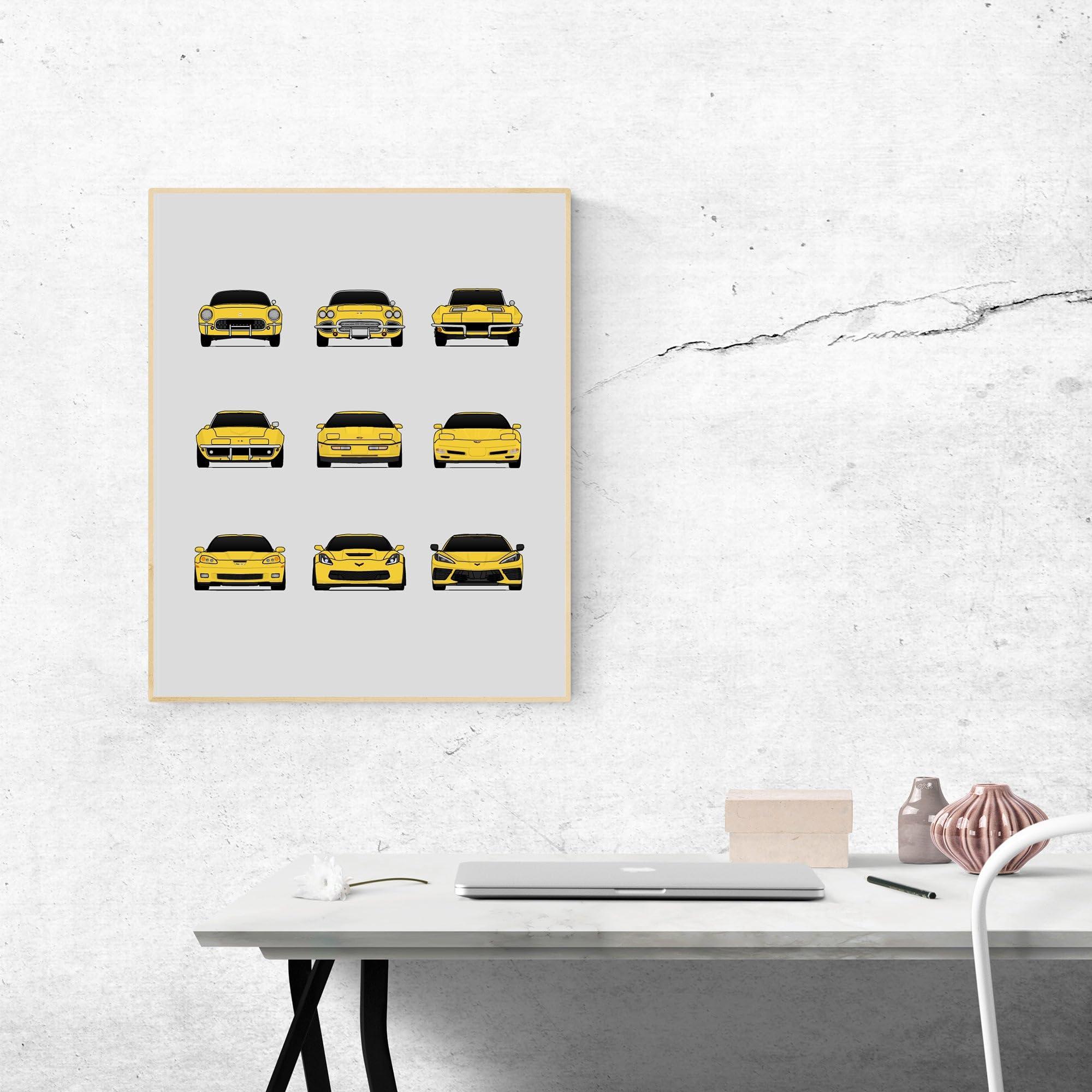 Custom Car Posters Custom Car Posters History of Chevy Corvette Generations and Handmade Print of Chevrolet Corvette (C1 C2 C3 C4 C5 C6 C7 C8) - Multi, 8x10\" Satin Print (Unframed)- Gift Car Enthusiast