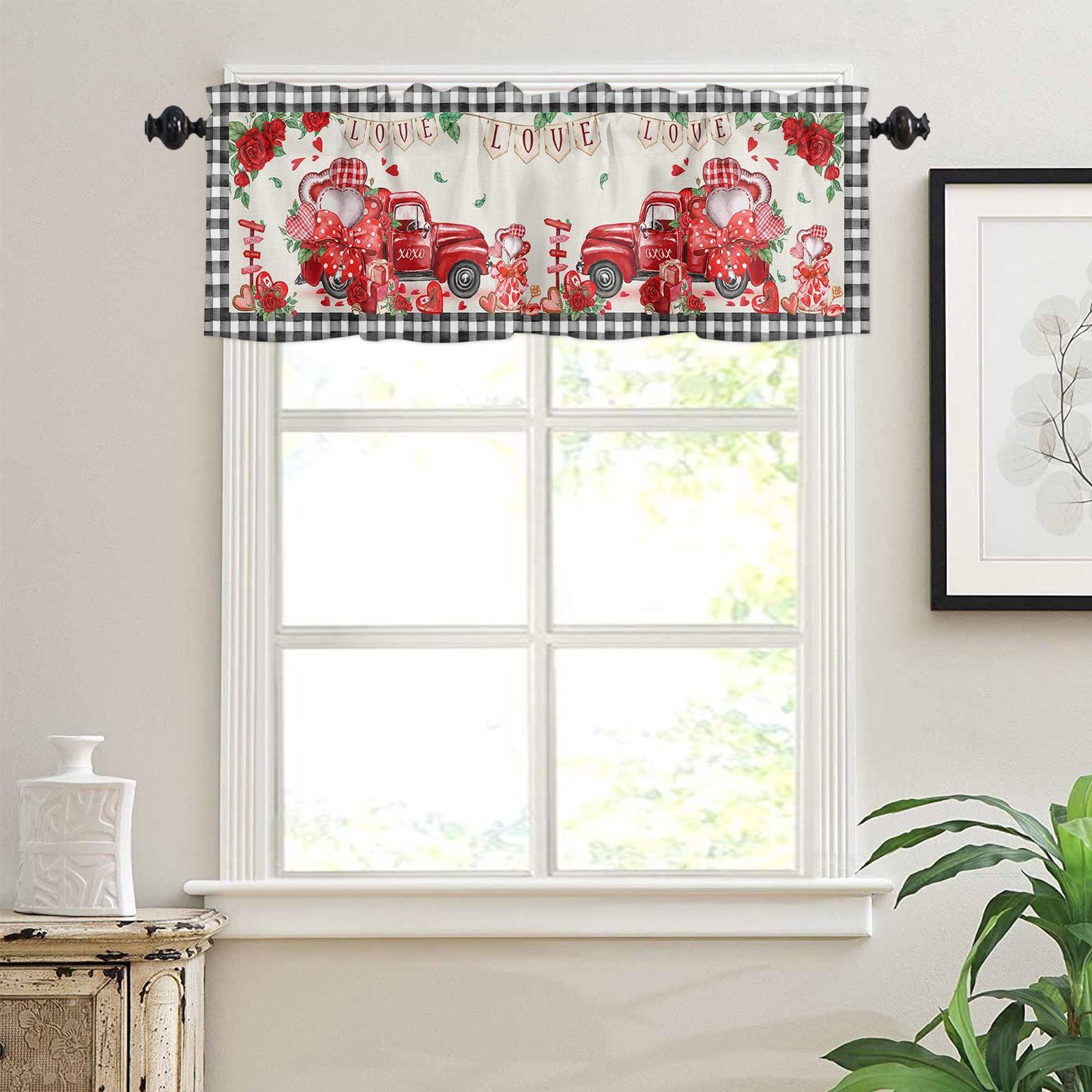 Shine-Home Valentine\'s Day 3 Piece Kitchen Window Curtains Panel Rod Pocket Large Half Tiers and Valance Curtain Drape Set Decor for Kitchen/Bedroom/Bathroom Red Truck Spring Saint Rose Love Black Plaid Check