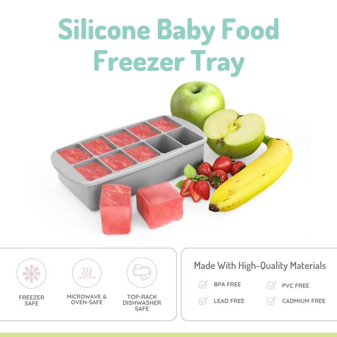 melii melii Silicone Baby Food Freezer Tray with Lid Versatile 10-Cup 2oz Portion Tray for Freezing Breastmilk, Homemade Baby Food, Sauces, Smoothies and Snacks Microwave, Freezer Safe- Grey