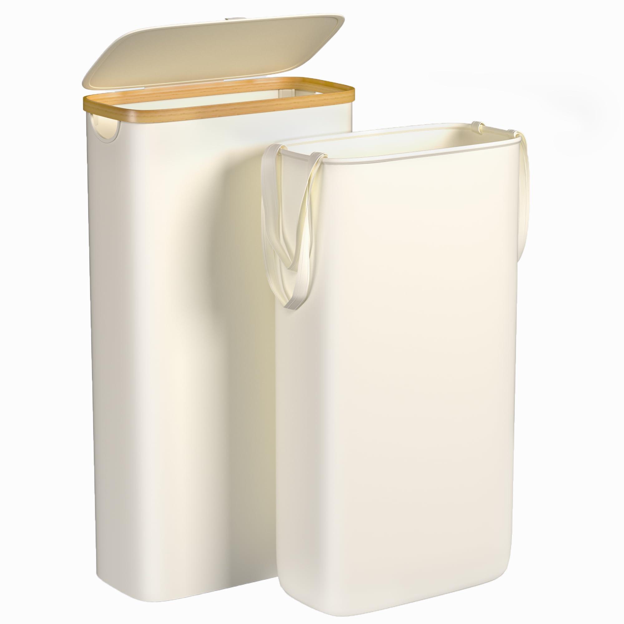 Foluck Foluck Slim Laundry Hamper, 60L Waterproof Narrow Laundry Basket with Lid and Removable Bag, Collapsible Tall Clothes Hamper with Bamboo Handles for Clothes Toys in Dorm Bedroom Bathroom, Beige