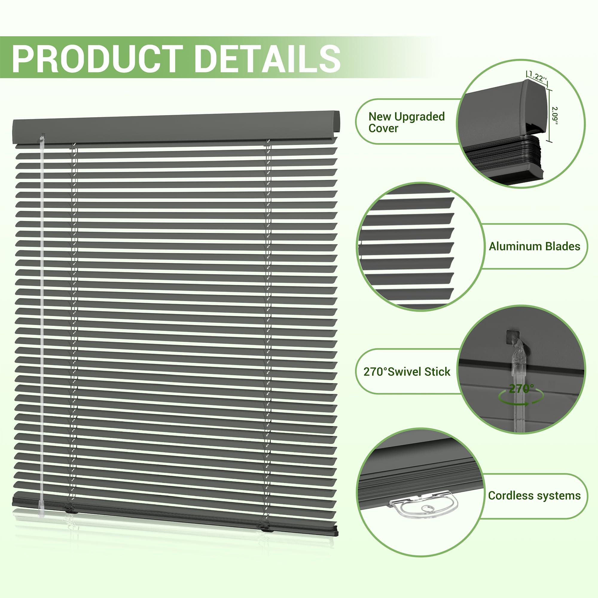 Boolegon Boolegon Aluminum Mini Blinds Cordless Venetian Blind New 1 Inch Metal Slat Horizontal Blinds Anti-UV Waterproof Venetian Windows Blind for Office Home, Smoky Gary, 49" W x 48" H