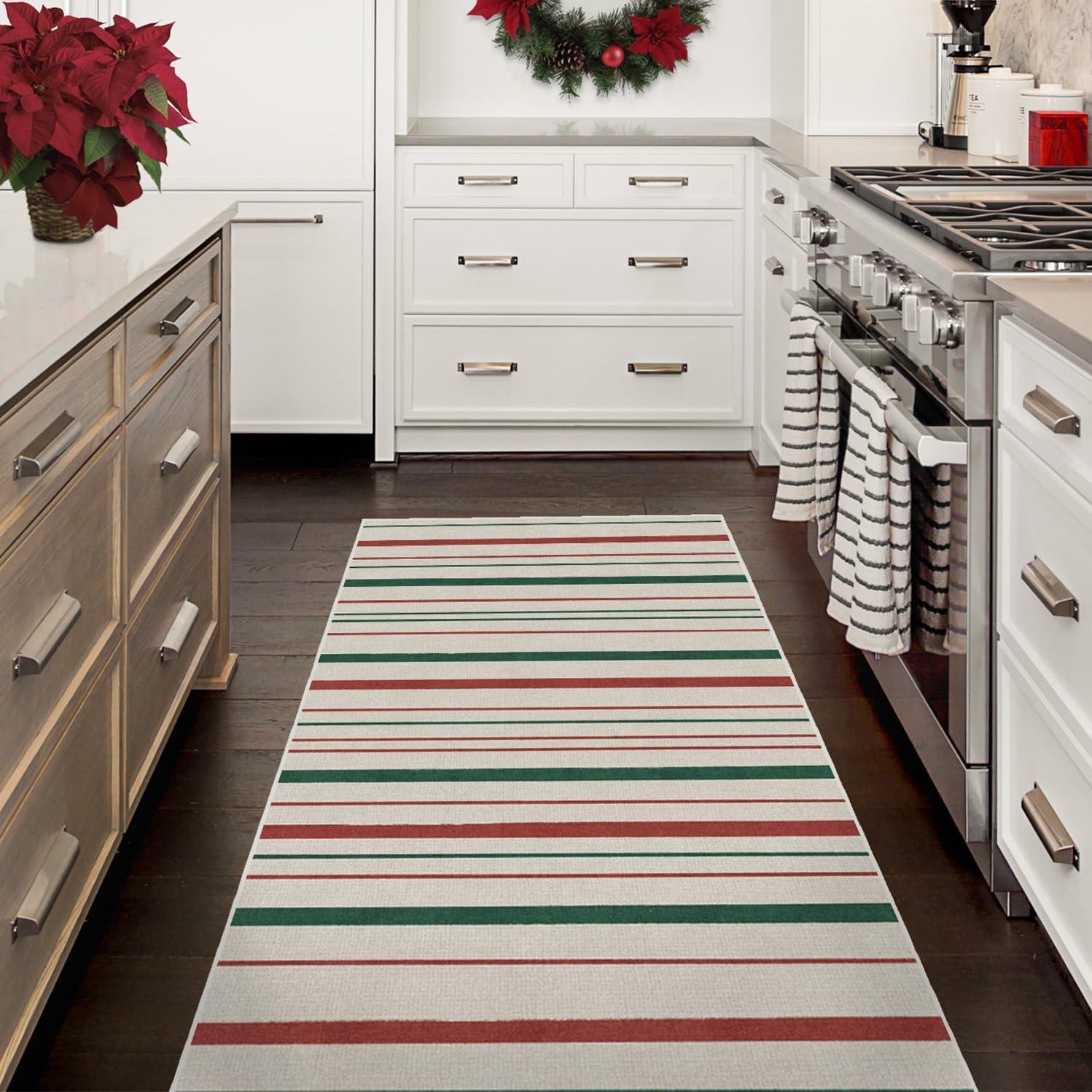 RUGGABLE Ruggable Washable 8x10 Large Area Rug, Hudson Stripe Red & Green, Premium Christmas Rugs for Living Room, Bedroom, Kitchen, Office, Classroom with Gripper Non Slip Pad, Hudson Stripe Red & Green