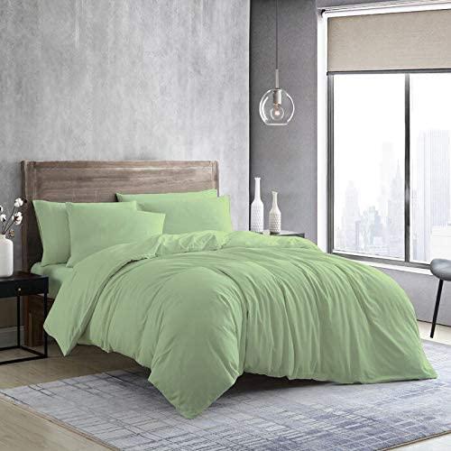 BRITISH LINEN Bed Sheet Set of 5PCs, Sage Solid,Twin-XL Size, 1 Fitted Sheet (15\"-16\") Deep Pocket, 1 Flat Sheet, 1 Duvet Cover with Zipper and 2 Pillowcases, Pure Egyptian Cotton, 400 Thread Count.