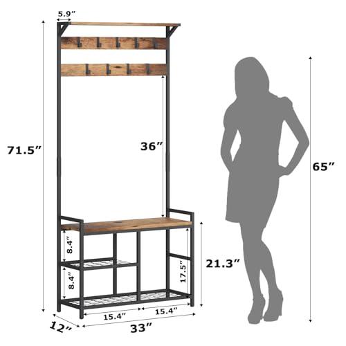 HOMEKOKO HOMEKOKO Coat Rack Shoe Bench, Hall Tree Entryway Storage Bench, Wood Look Accent Furniture with Metal Frame, 3-in-1 Design (Rustic Brown)
