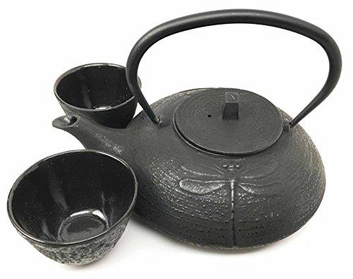 Gifts & Decors Japanese Legendary Tombo Dragonfly Black Heavy Cast Iron Tea Pot and Cups Set Serves 2 Beautifully Packaged in Teapot Gift Box Excellent Home Decor Asian Living And Housewarming Gift