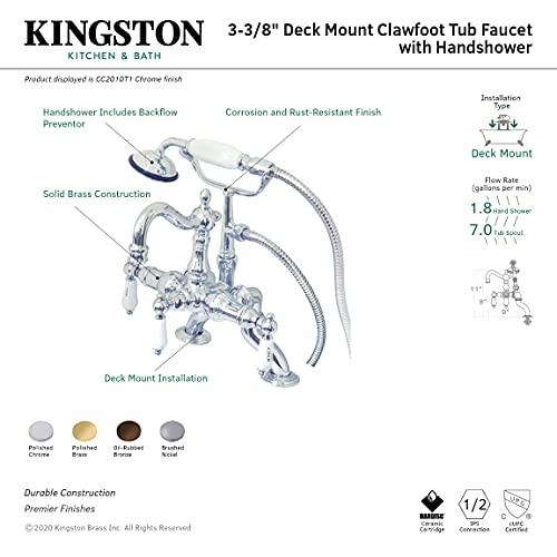 Kingston Brass Kingston Brass CC2010T1 3-3/8-to-10-Inch Adjustable Spread Deck Mount Vintage Leg Tub Filler with Hand Shower, H&C Porcelain Lever Handle, Polished Chrome