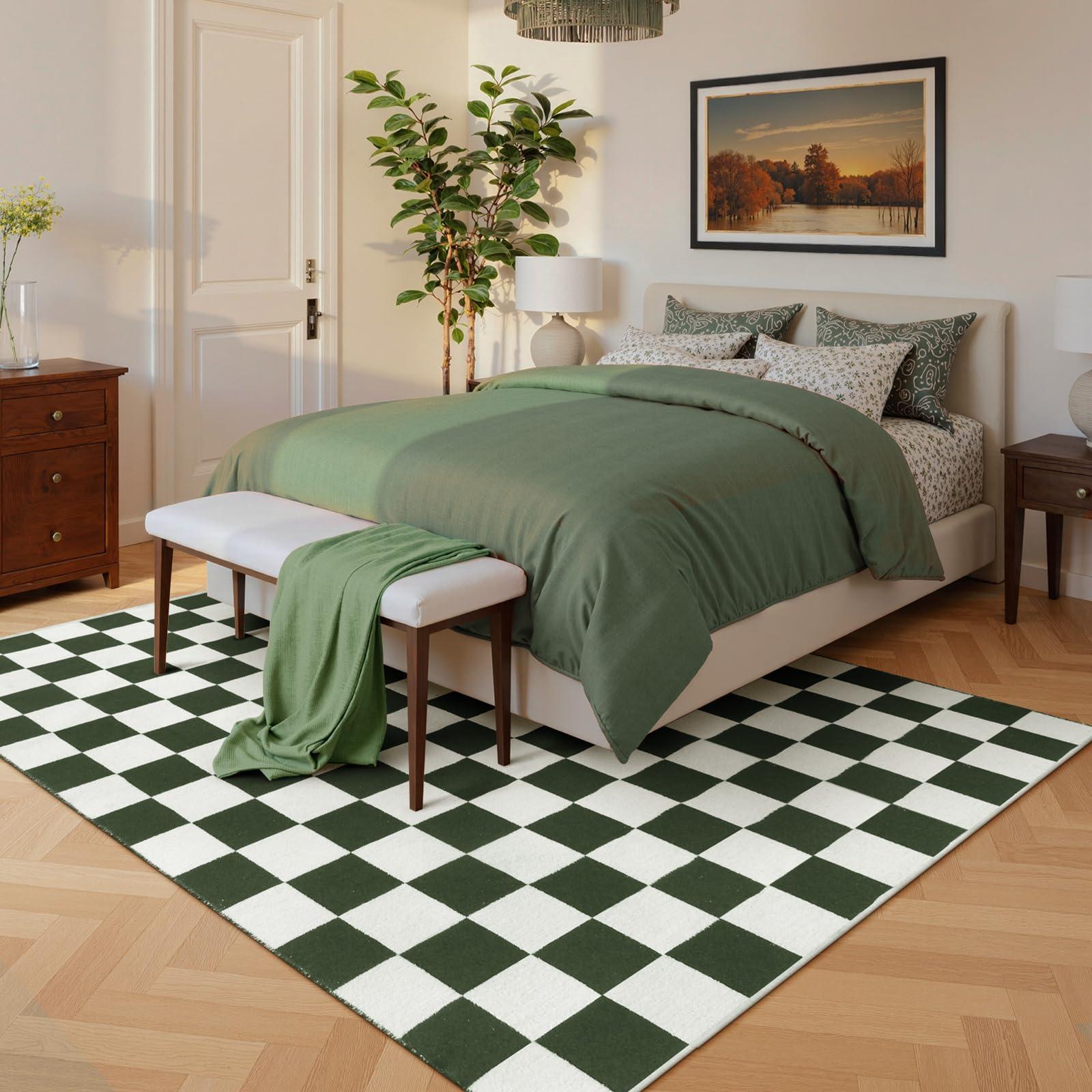 Lahome Lahome 6x9 Green Checkered Rug for Bedroom Boy Room, Modern Large Cotton Woven Checkerboard Green and White Rug, Retro Washable Art Decor Carpet for Living Room Home Decor