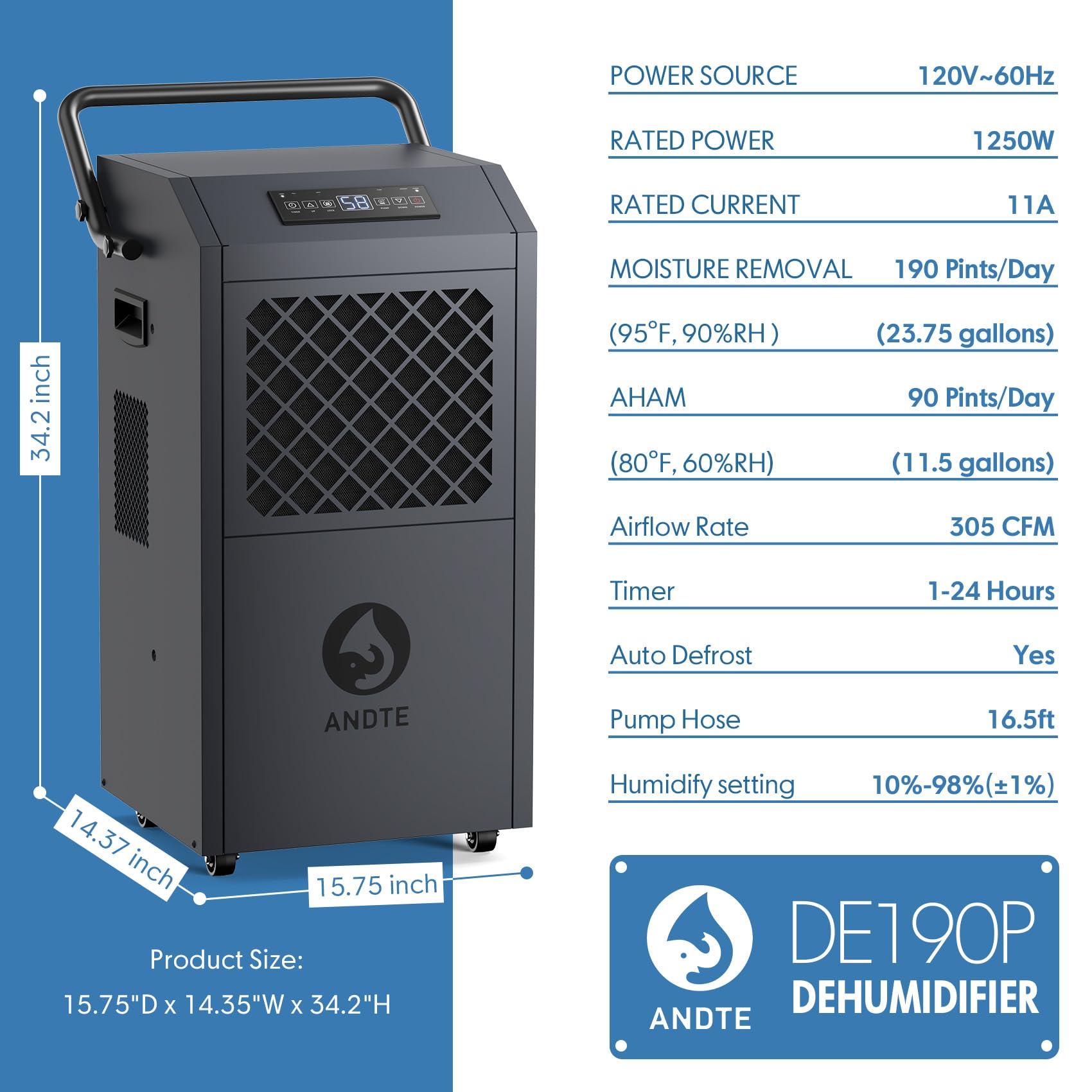ANDTE ANDTE 190 Pints Commercial Dehumidifier with PumpDrain HoseIndustrial Dehumidifiers,Built-In Pumpfor Basement, Crawl Space, and Job Sites