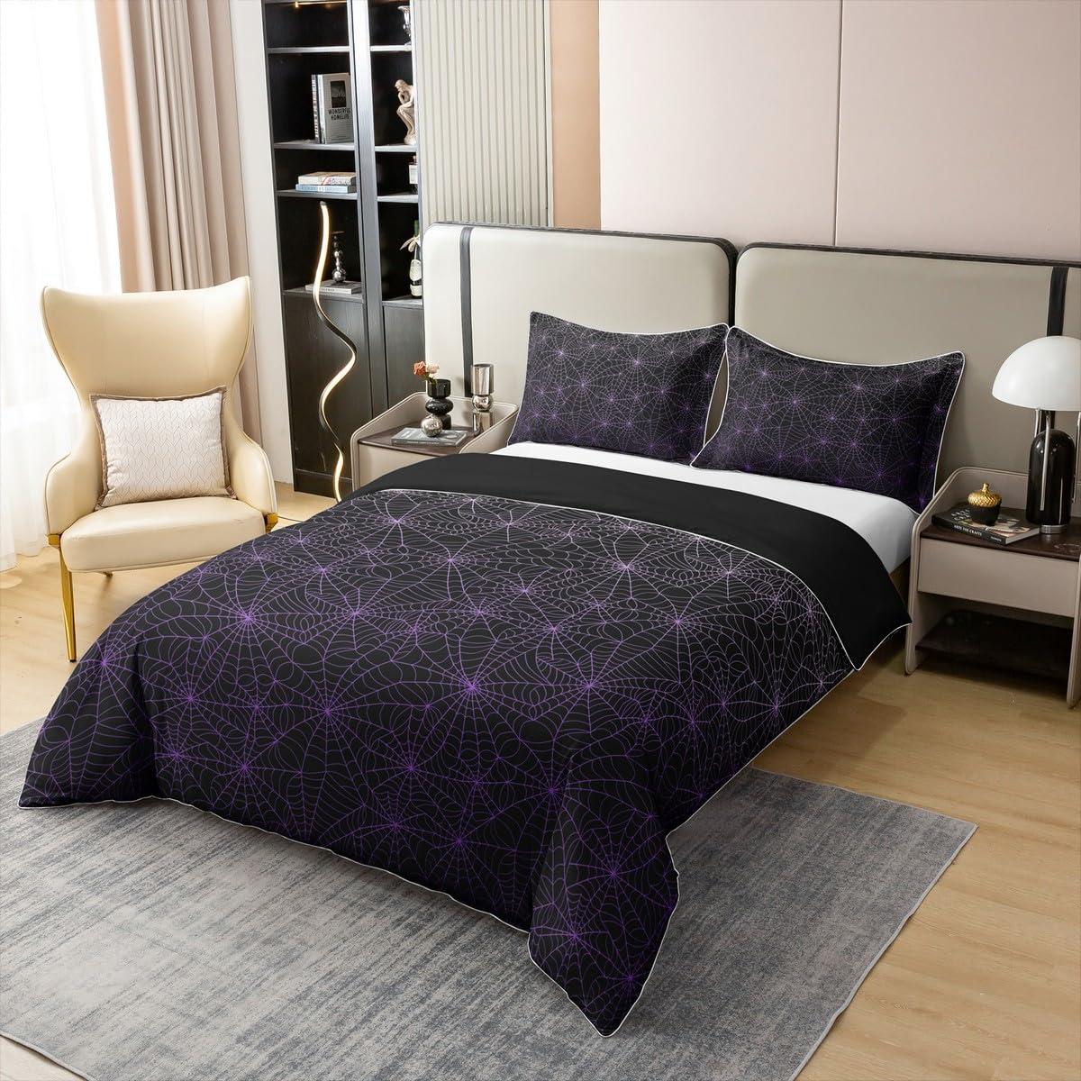 Erosebridal 100% Cotton Spider Web Bedding Set Full Size Halloween Duvet Cover Geometric Stripes Lines Comforter Cover Purple Ombre Quilt Cover for Adult Men Women Soft Comfy Bedroom Decor, Black White