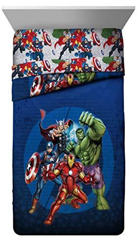 Jay Franco Marvel Avengers Blue Circle 5 Piece Full Bed Set - Includes Reversible Comforter & Sheet Set - Bedding Features Captain America & Iron Man - Fade Resistant Microfiber (Official Marvel Product)
