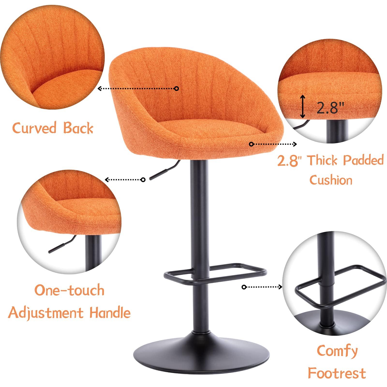 CIMOO CIMOO Swivel Bar Stools Bar Height Set of 4 with Back Adjustable Counter Height Barstools, Modern Upholstered Stools for Kitchen Island Chairs with Black Legs for Home Bar/Pub, Orange Terrycloth