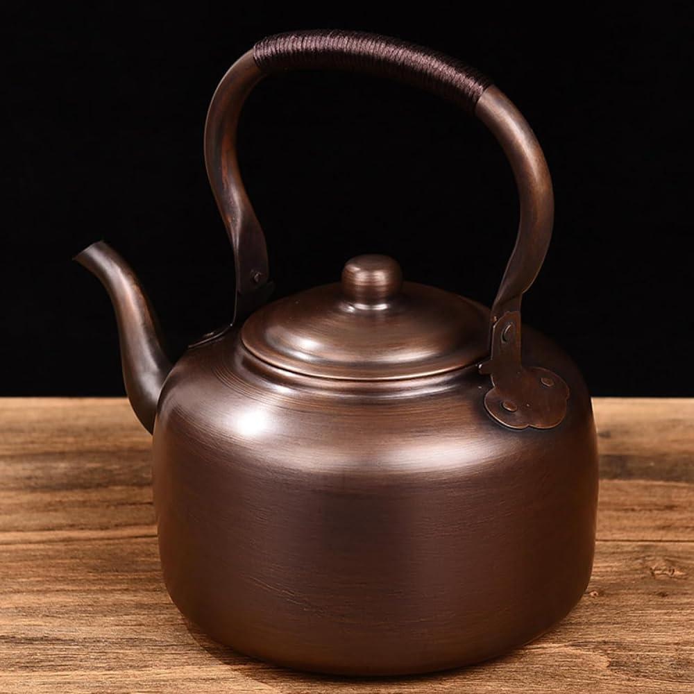 LRTYZBD Whistling Kettle,Stove-Top Kettle,Hand Forged of Thickened Pure Copper,Automatic Siren When Water Boils,Braided Rope Anti-Scald Handle, Suitable for Induction/Open Fire-Smooth ||3L