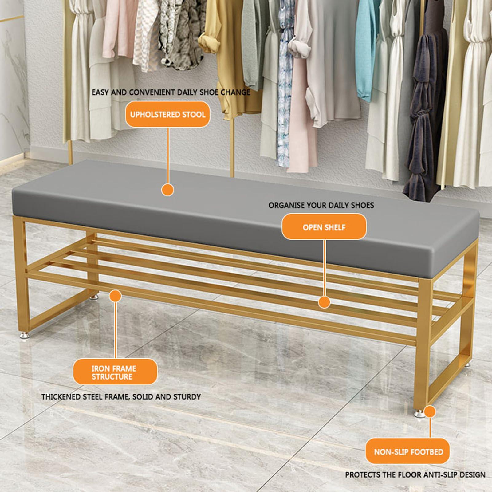 HomeLoft Basics Shoe Storage Bench Entryway Bench Faux Leather Shoe Bench 2 Tier Upholstered Bench with Storage Shelf Long Bench Metal Frame