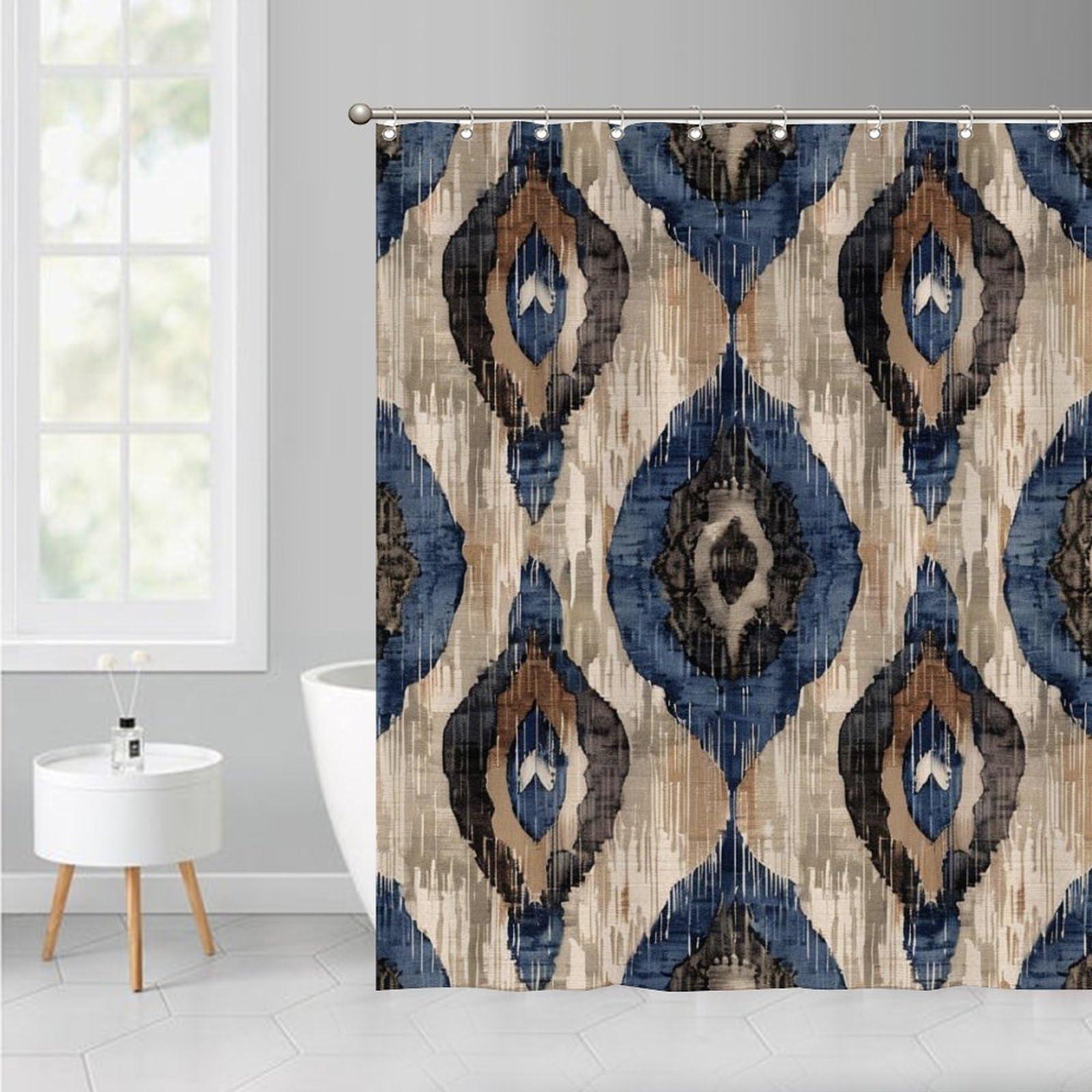 Yinrune Yinrune Indigo Ikat Abstract Blue Waterproof Polyester Fabric Shower Curtain with Hooks, 60x72 Inch Shower Curtains Bathroom Curtains Decor, Shower Curtain Sets Machine Washable