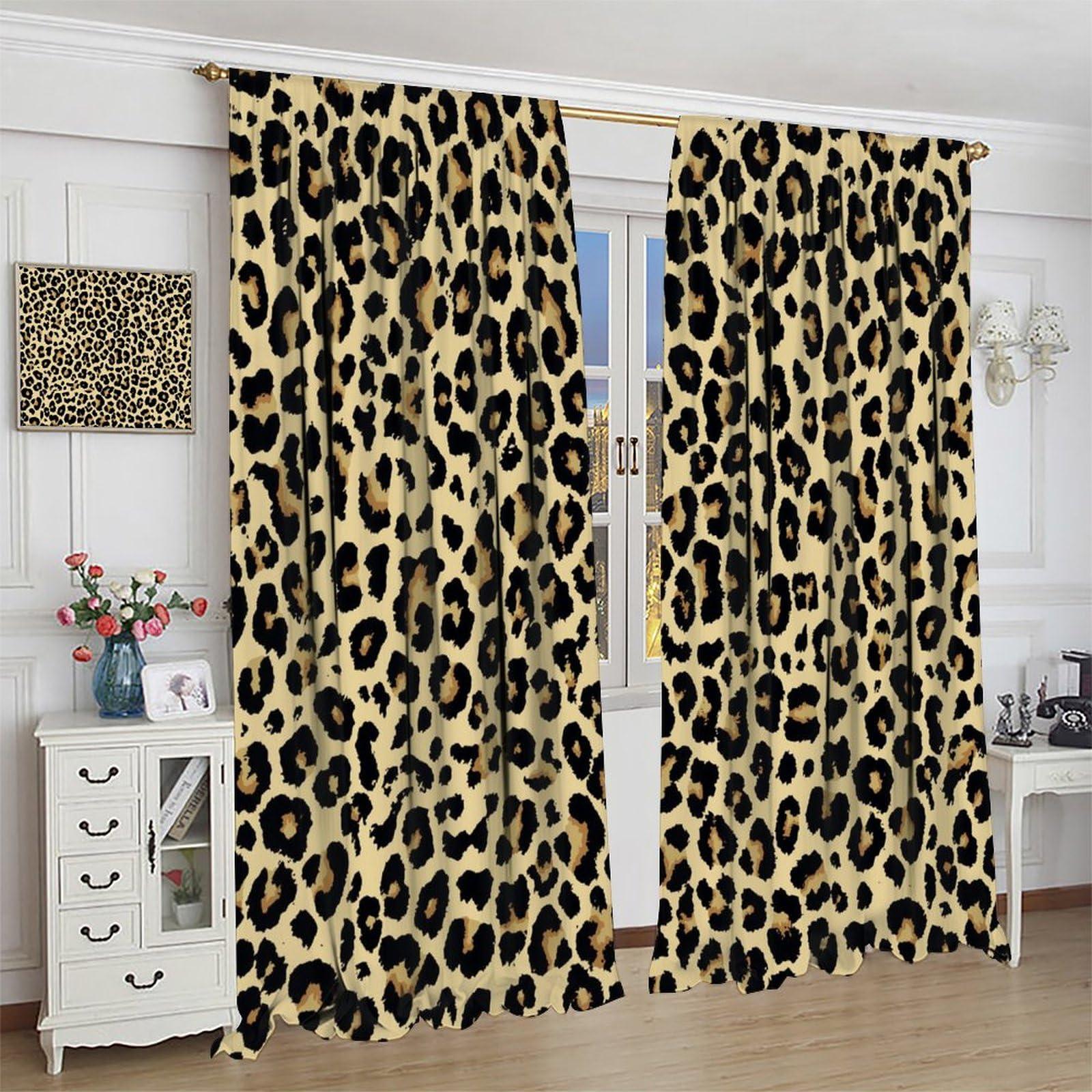 KANEPE Leopard Blackout Curtains, Leopard Pattern Design Wild Animal Skin Spots Print Window Treatments, Retro Rod Pocket Thermal Insulation Drapes for Bedroom Living Room, 55" W X 63" L