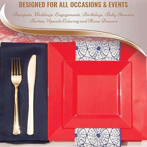 Kaya Kaya Elegant Red Square Dinner Plates - 9.5\" (Pack of 10) - Perfect for Weddings, Birthday Parties, Festivals & More
