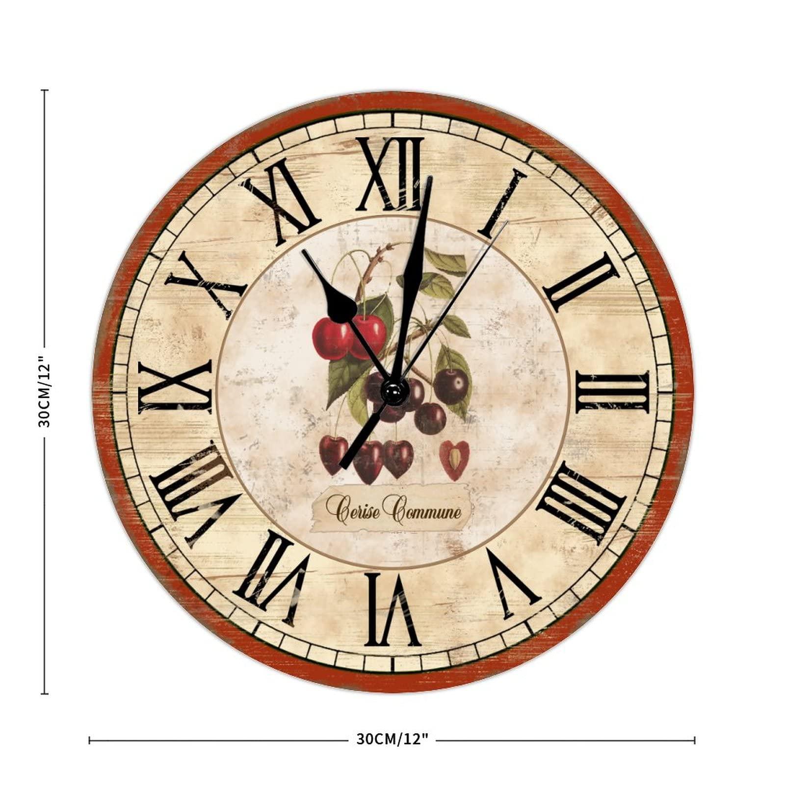 ArogGeld Retro Cherry Round Clock 12Inch Round Clocks French Cherry Wall Clocks Battery Operated Wall Clocks Retro Rustic Style Kitchen Clock for Kitchen Dinning Room Birthday Housewarming Gift