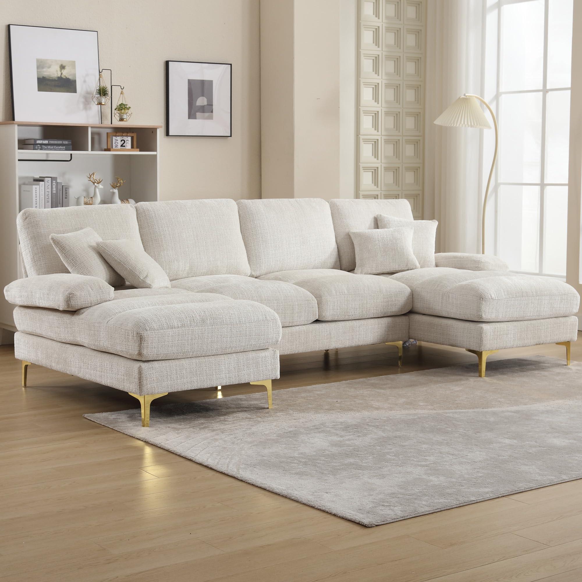 STLVUEO STLVUEO U-Shape Modular Sectional Sofa Chenille Fabric, 4-Seater Living Room Couch with Double Extra-Wide Chaise Lounge, Reversible Sleeper Sofa with Throw Pillows - 114.17" for Living Room, Beige