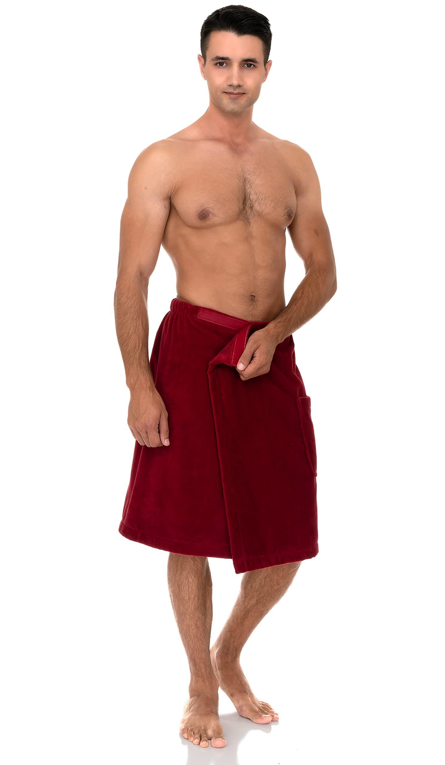 TowelSelections TowelSelections Mens Shower Wrap Adjustable Cotton Terry Velour Wrap Gym Body Cover Up Medium/Large Deep Claret