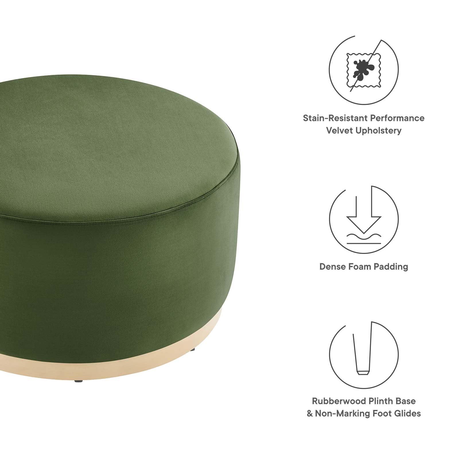 Modway Modway Tilden 29 Inch Round Performance Velvet Upholstered Ottoman in Moss Green Natural - Round Ottoman Coffee Table for Living Room - Large Ottoman Foot Rest with Rubberwood Plinth Base